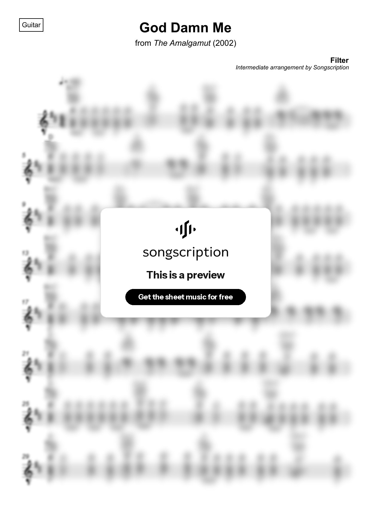 Intermediate Acoustic Guitar Sheet Music for "God Damn Me" by Filter