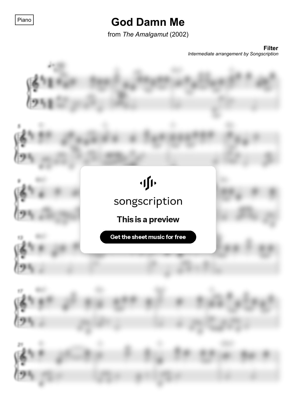 Intermediate Piano Sheet Music for "God Damn Me" by Filter