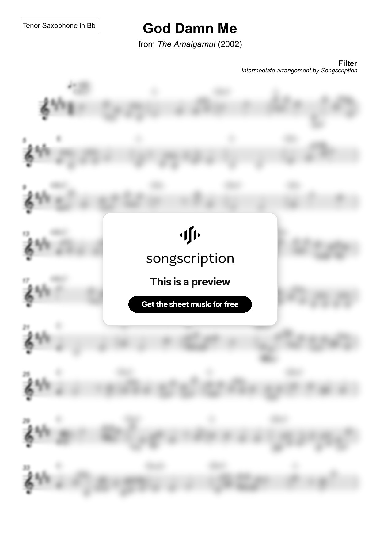 Intermediate Tenor Sax Sheet Music for "God Damn Me" by Filter