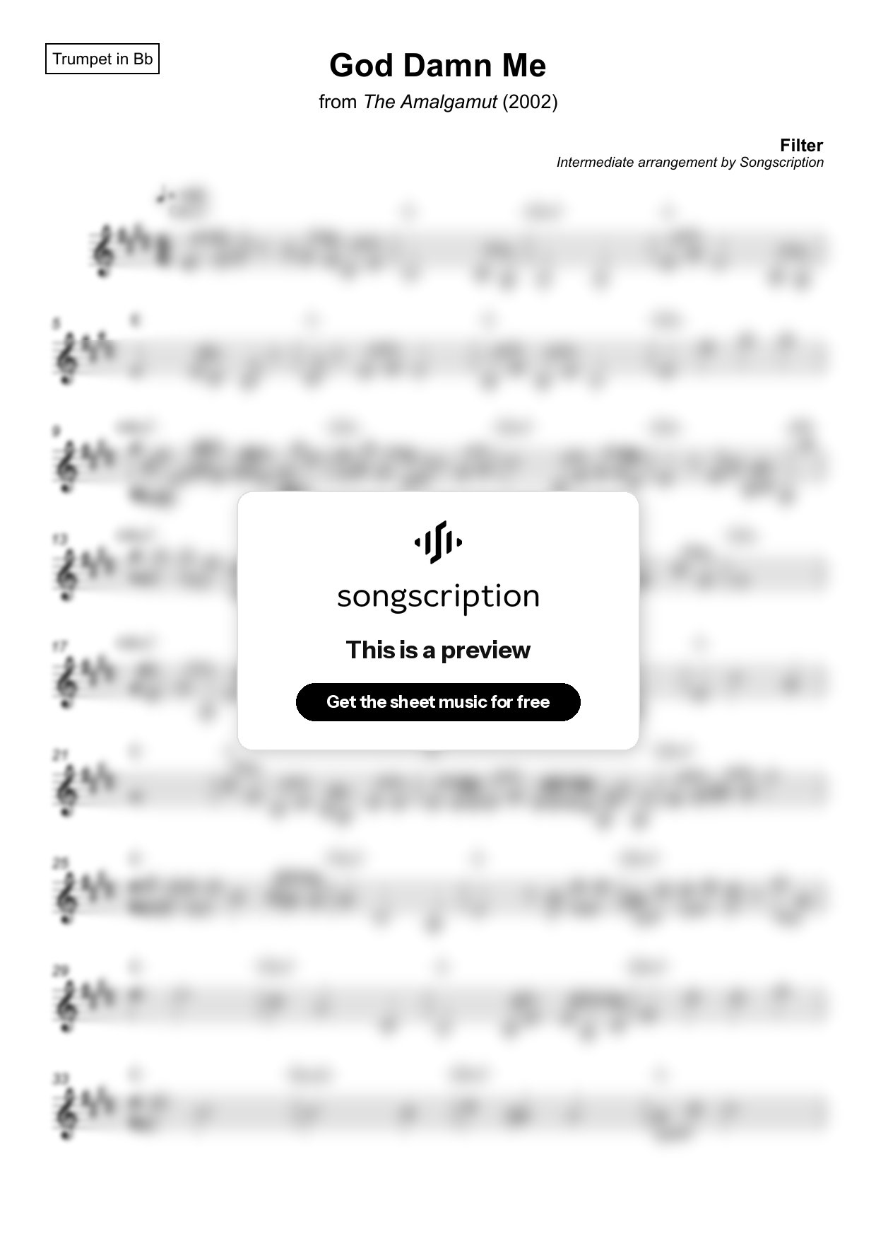 Intermediate Trumpet Sheet Music for "God Damn Me" by Filter