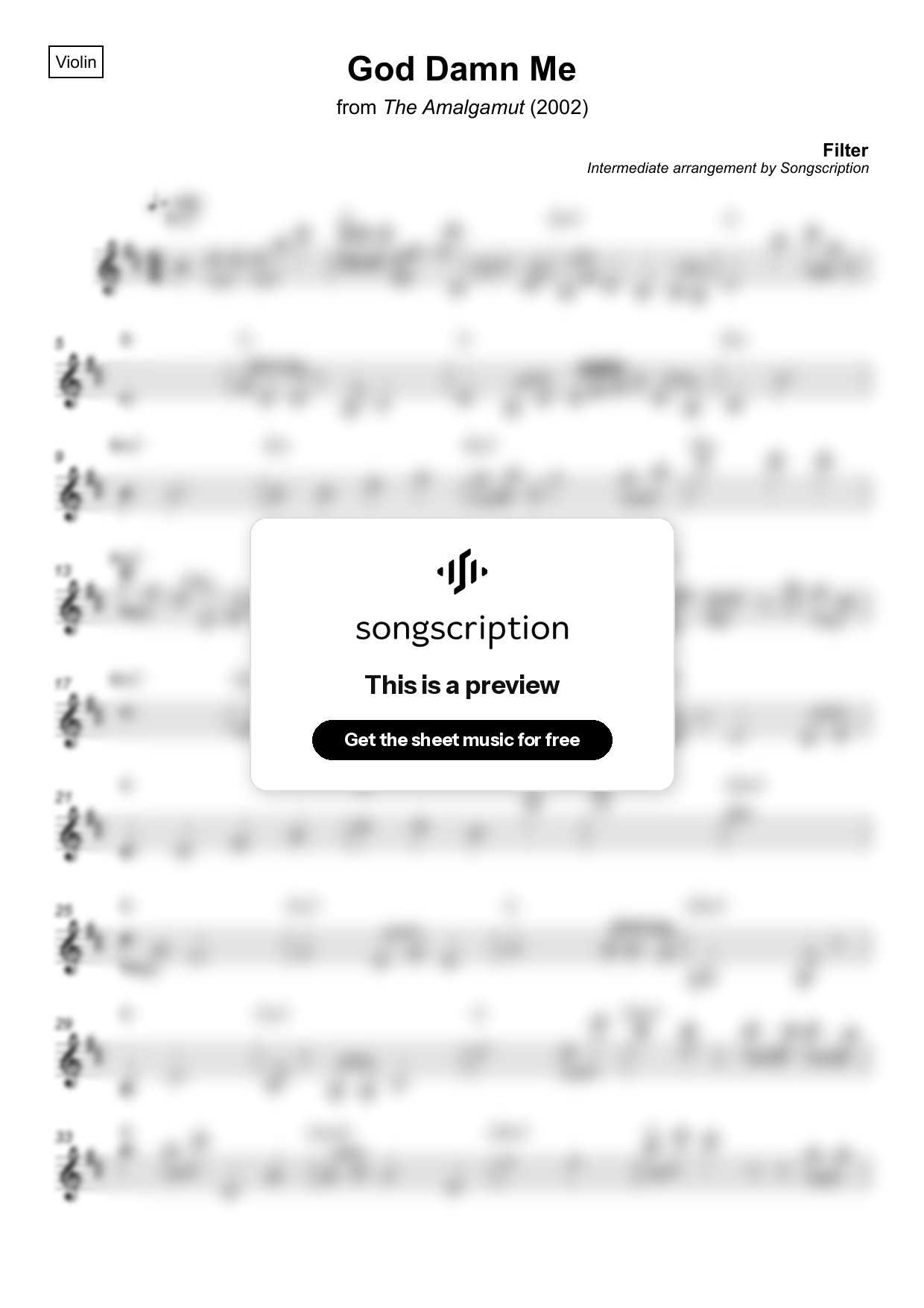 Intermediate Violin Sheet Music for "God Damn Me" by Filter