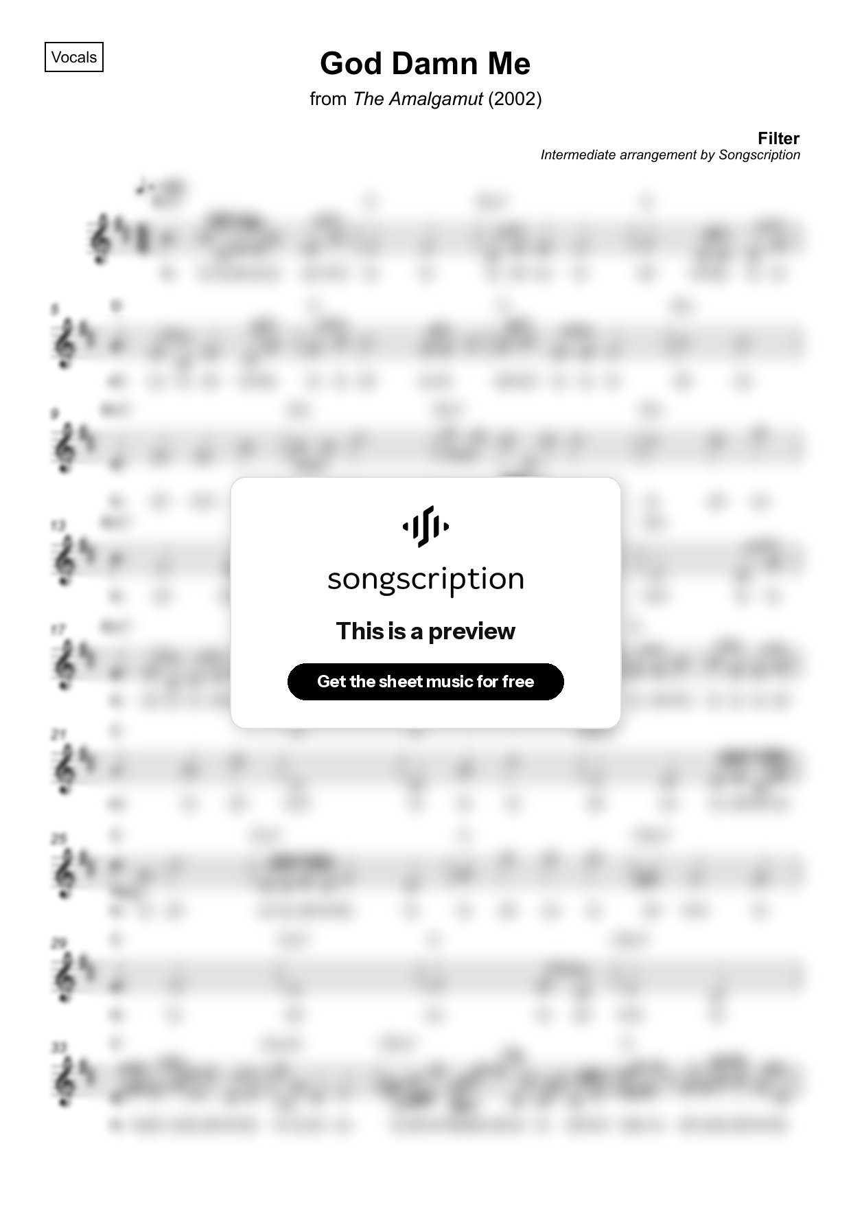 Intermediate Vocals Sheet Music for "God Damn Me" by Filter
