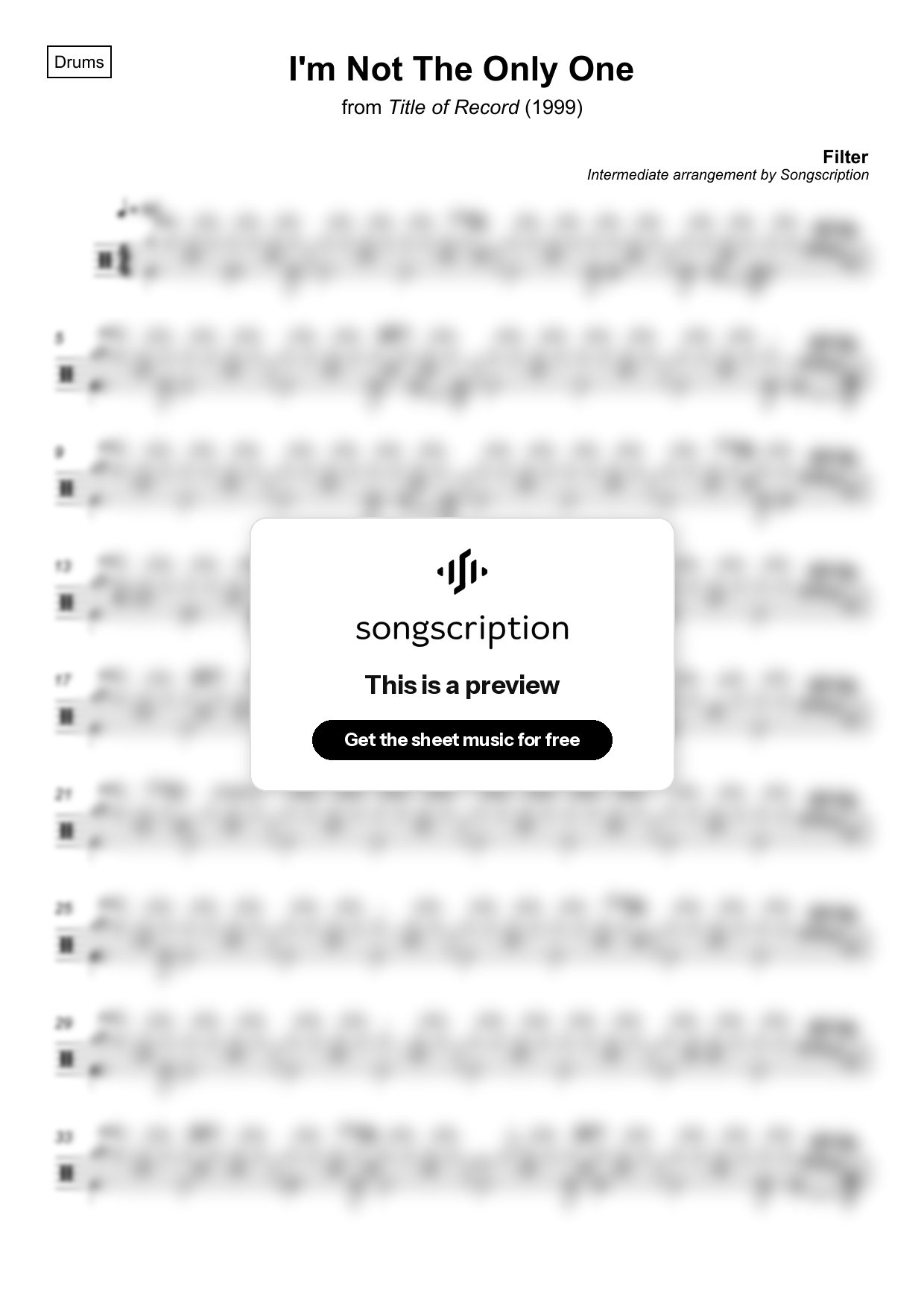 Intermediate Drums Sheet Music for "I'm Not The Only One" by Filter