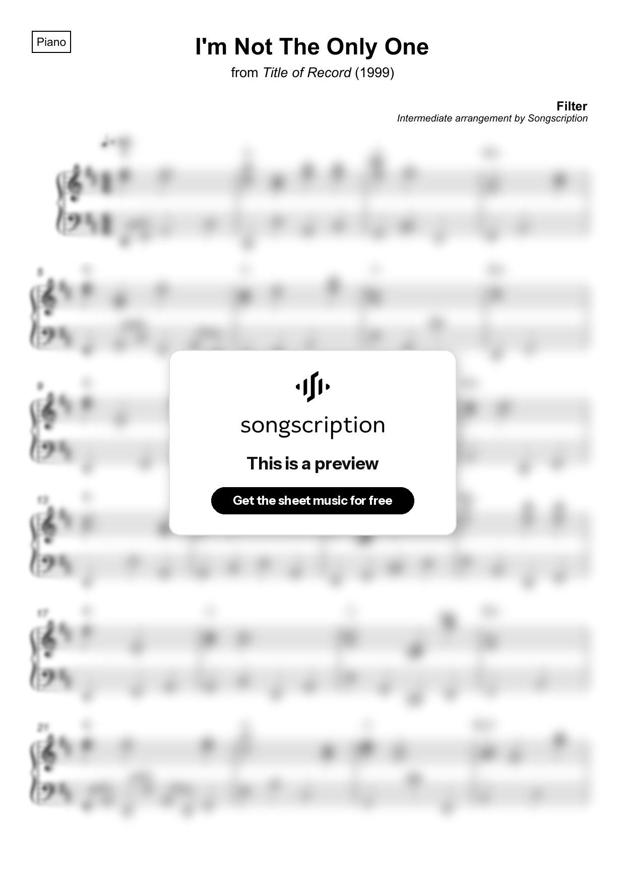Intermediate Piano Sheet Music for "I'm Not The Only One" by Filter