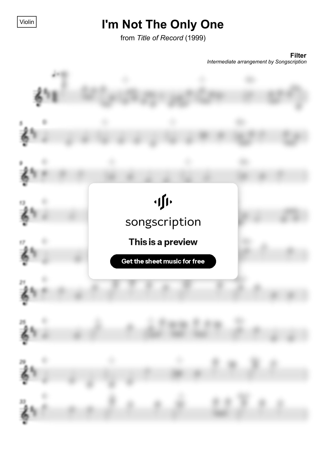 Intermediate Violin Sheet Music for "I'm Not The Only One" by Filter