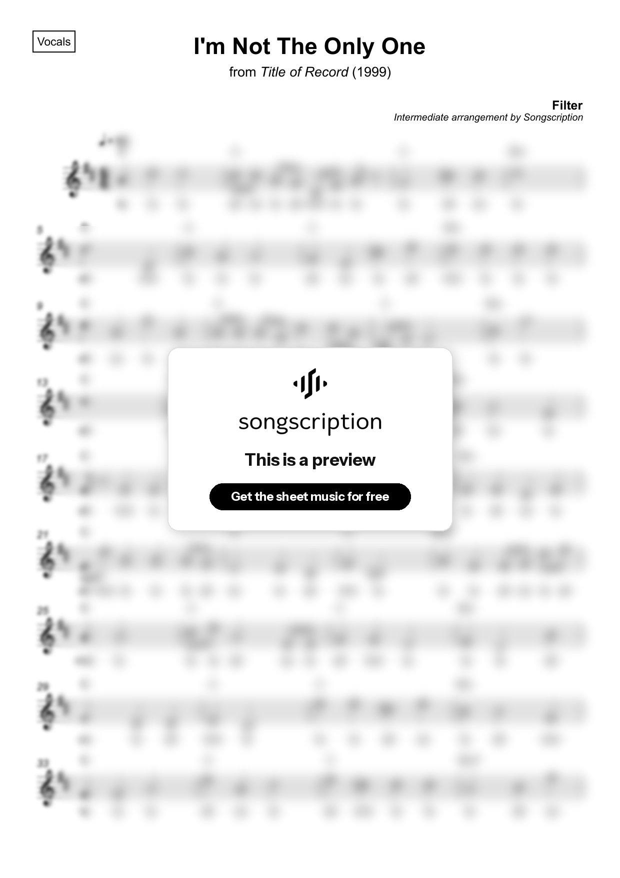 Intermediate Vocals Sheet Music for "I'm Not The Only One" by Filter