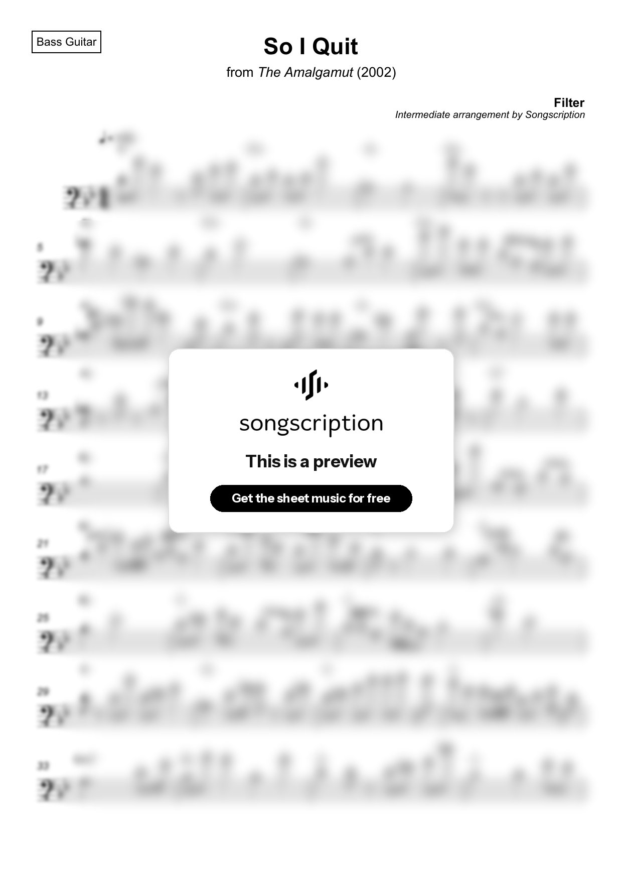 Intermediate Bass Guitar Sheet Music for "So I Quit" by Filter