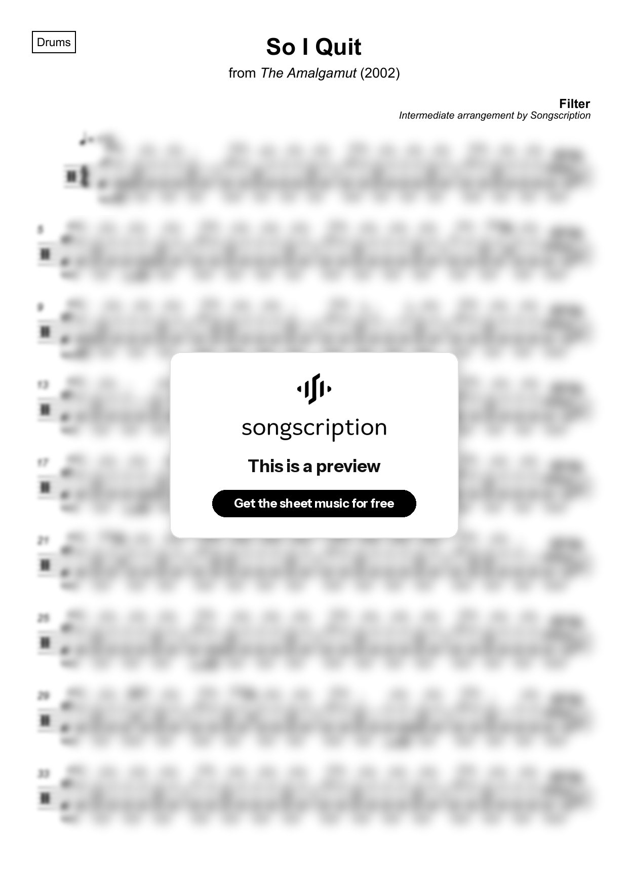 Intermediate Drums Sheet Music for "So I Quit" by Filter