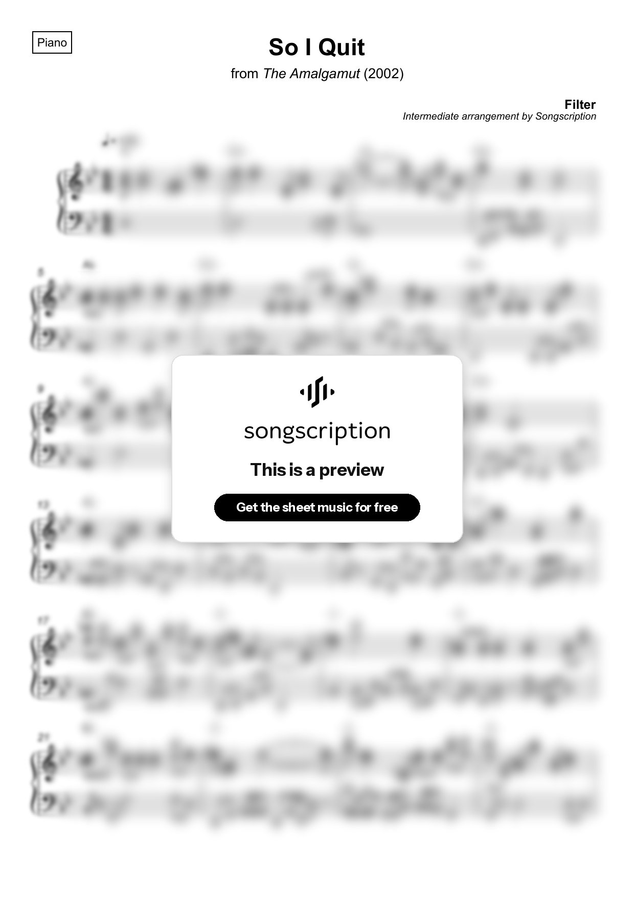 Intermediate Piano Sheet Music for "So I Quit" by Filter