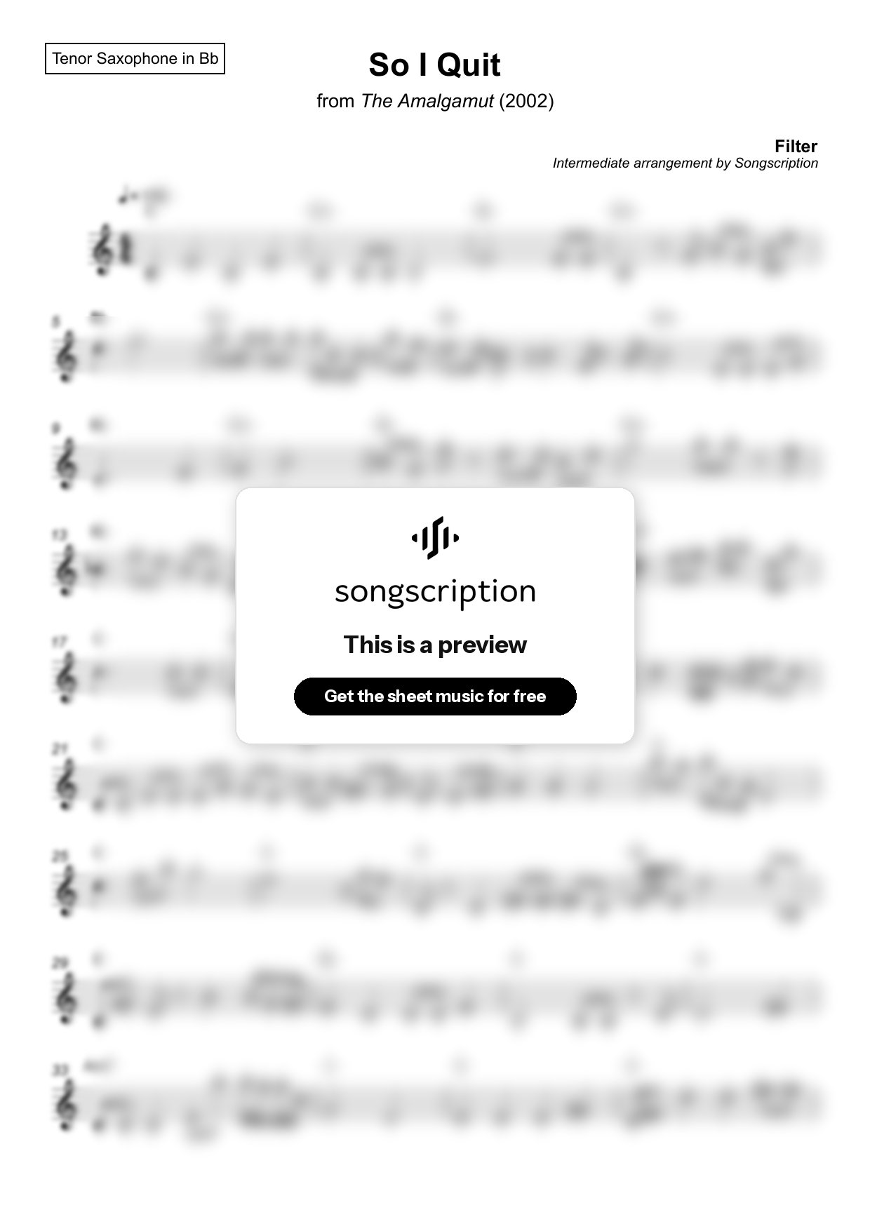 Intermediate Tenor Sax Sheet Music for "So I Quit" by Filter