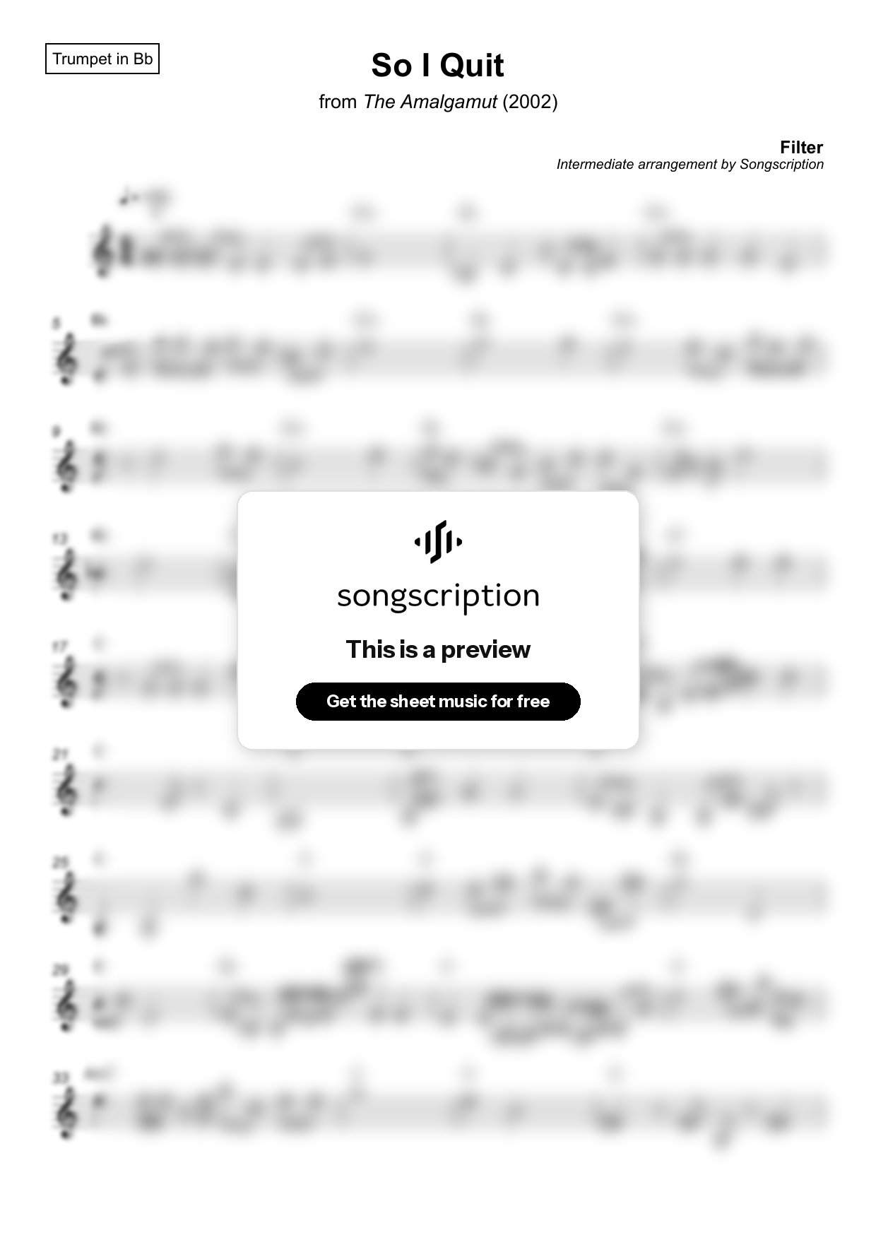 Intermediate Trumpet Sheet Music for "So I Quit" by Filter