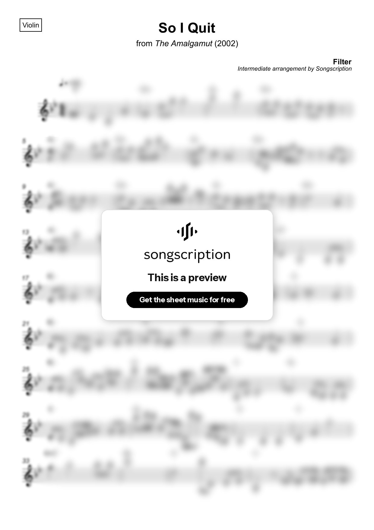 Intermediate Violin Sheet Music for "So I Quit" by Filter