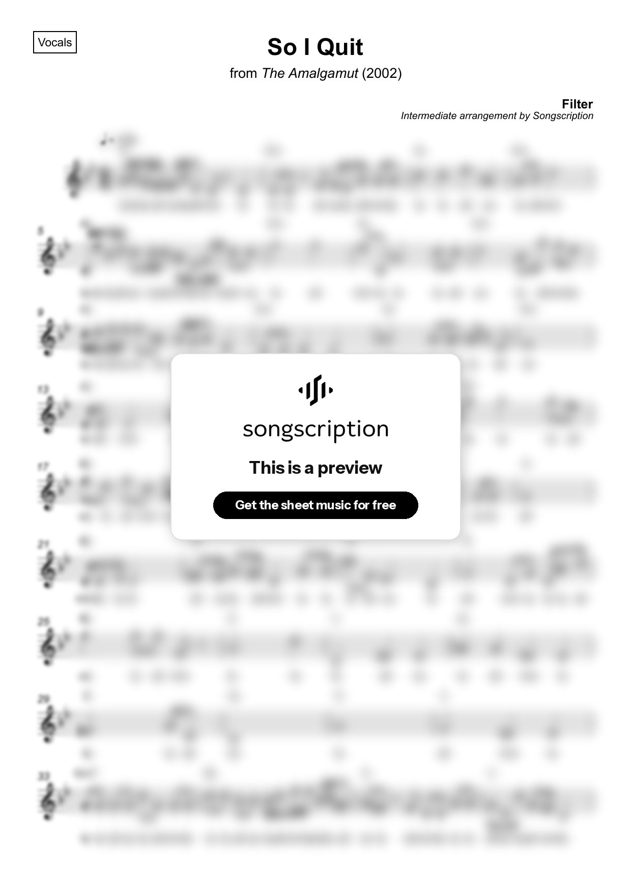 Intermediate Vocals Sheet Music for "So I Quit" by Filter