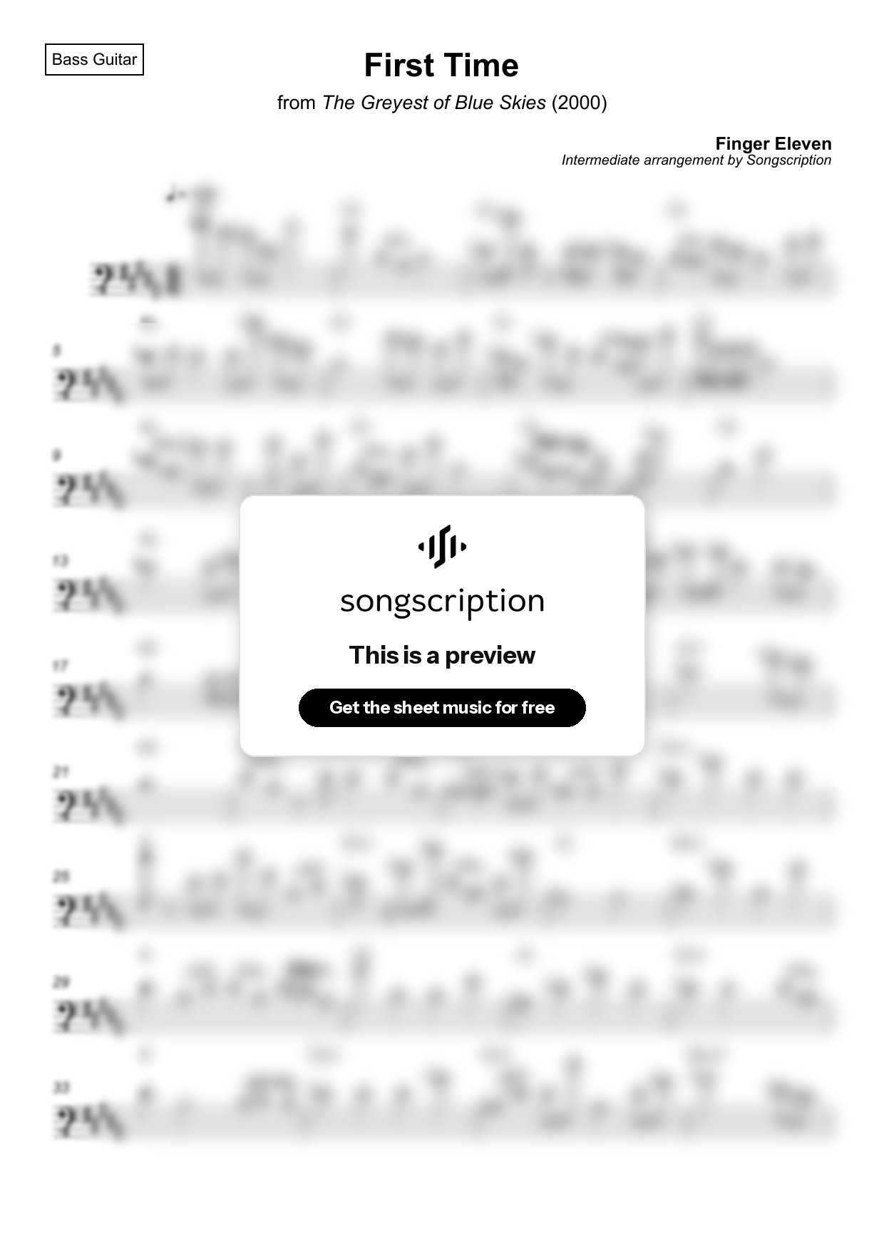 Intermediate Bass Guitar Sheet Music for "First Time" by Finger Eleven
