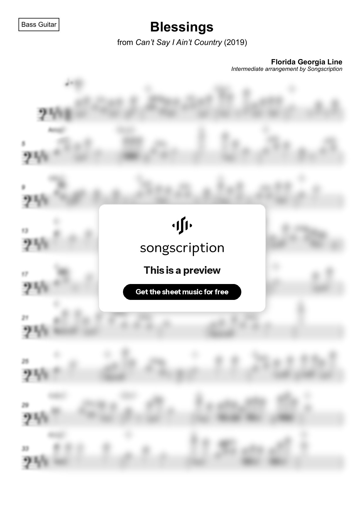 Intermediate Bass Guitar Sheet Music for "Blessings" by Florida Georgia Line