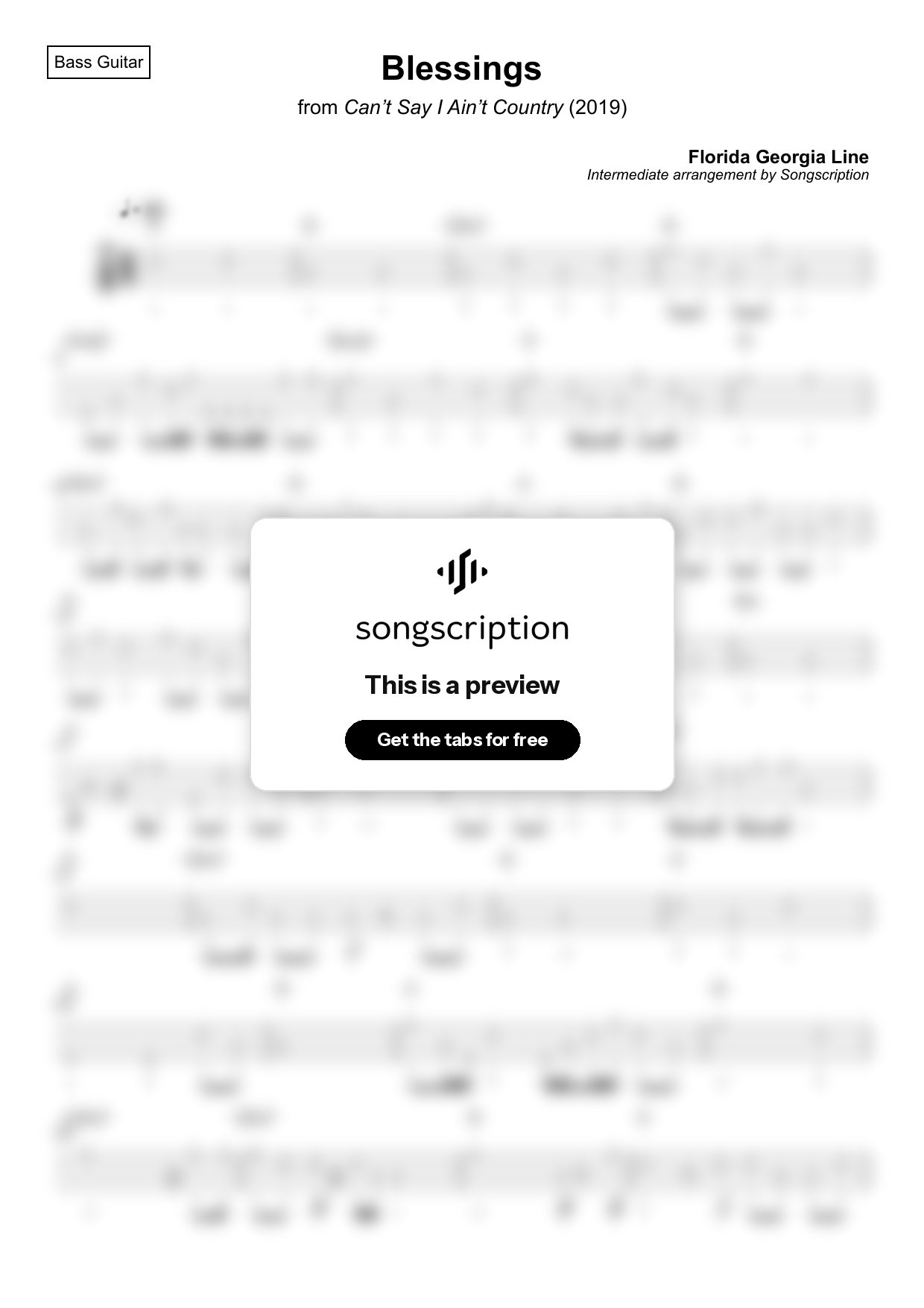 Intermediate Bass Guitar Tabs for "Blessings" by Florida Georgia Line