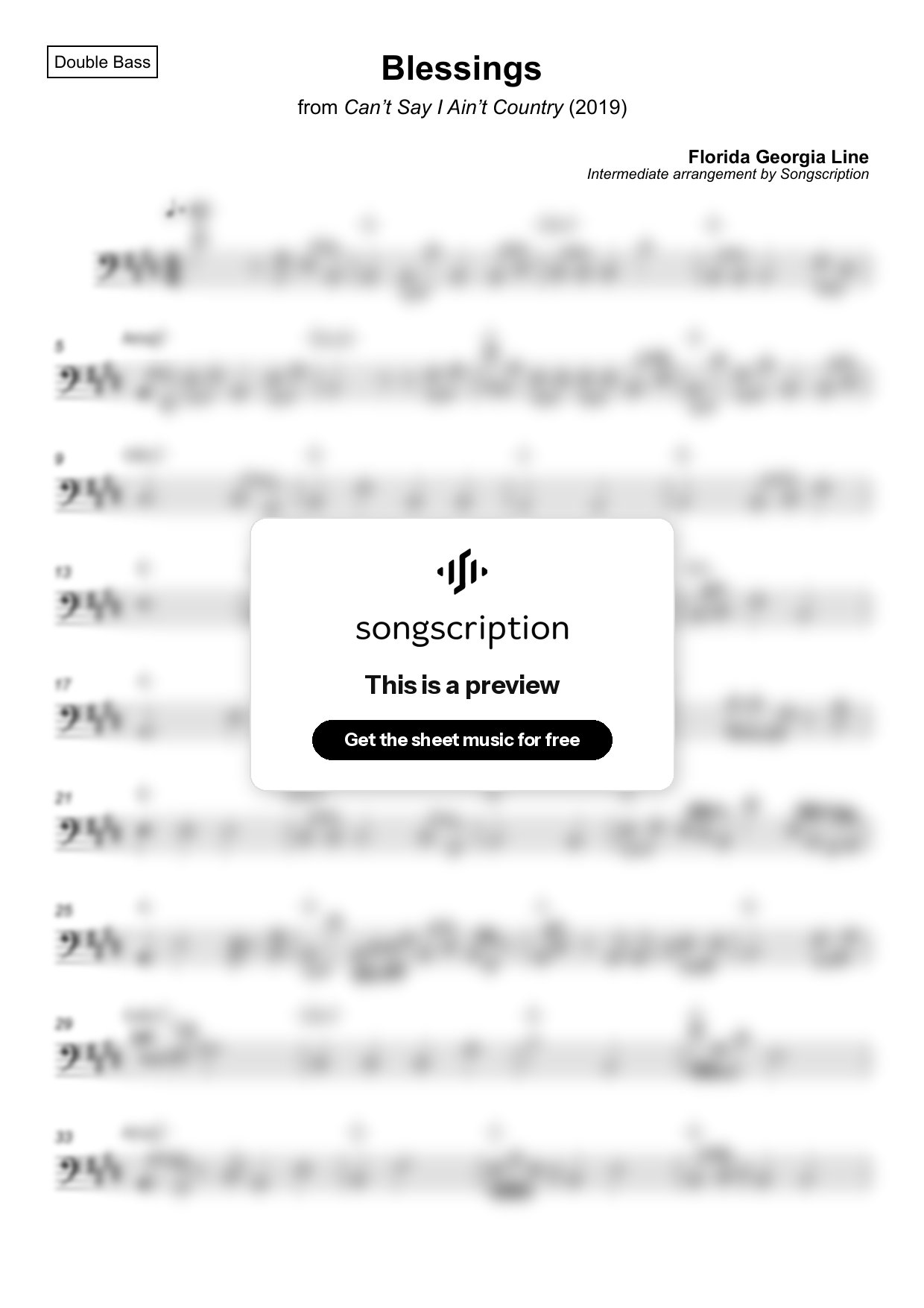 Intermediate Double Bass Sheet Music for "Blessings" by Florida Georgia Line