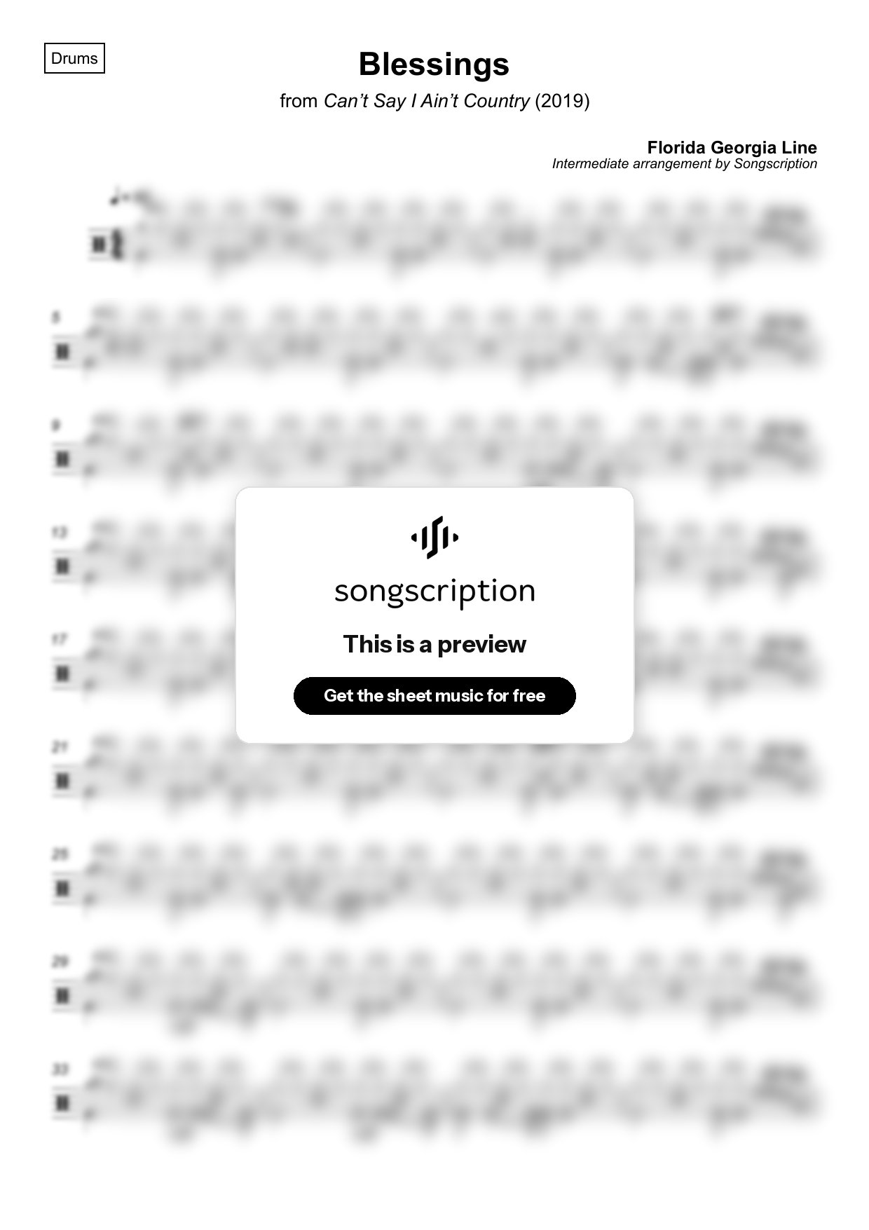 Intermediate Drums Sheet Music for "Blessings" by Florida Georgia Line