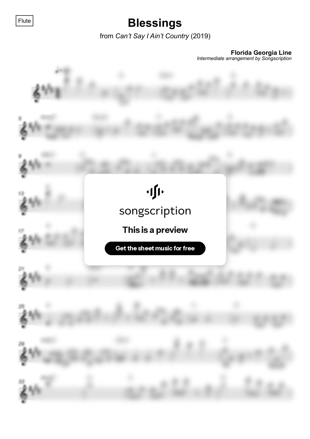 Intermediate Flute Sheet Music for "Blessings" by Florida Georgia Line