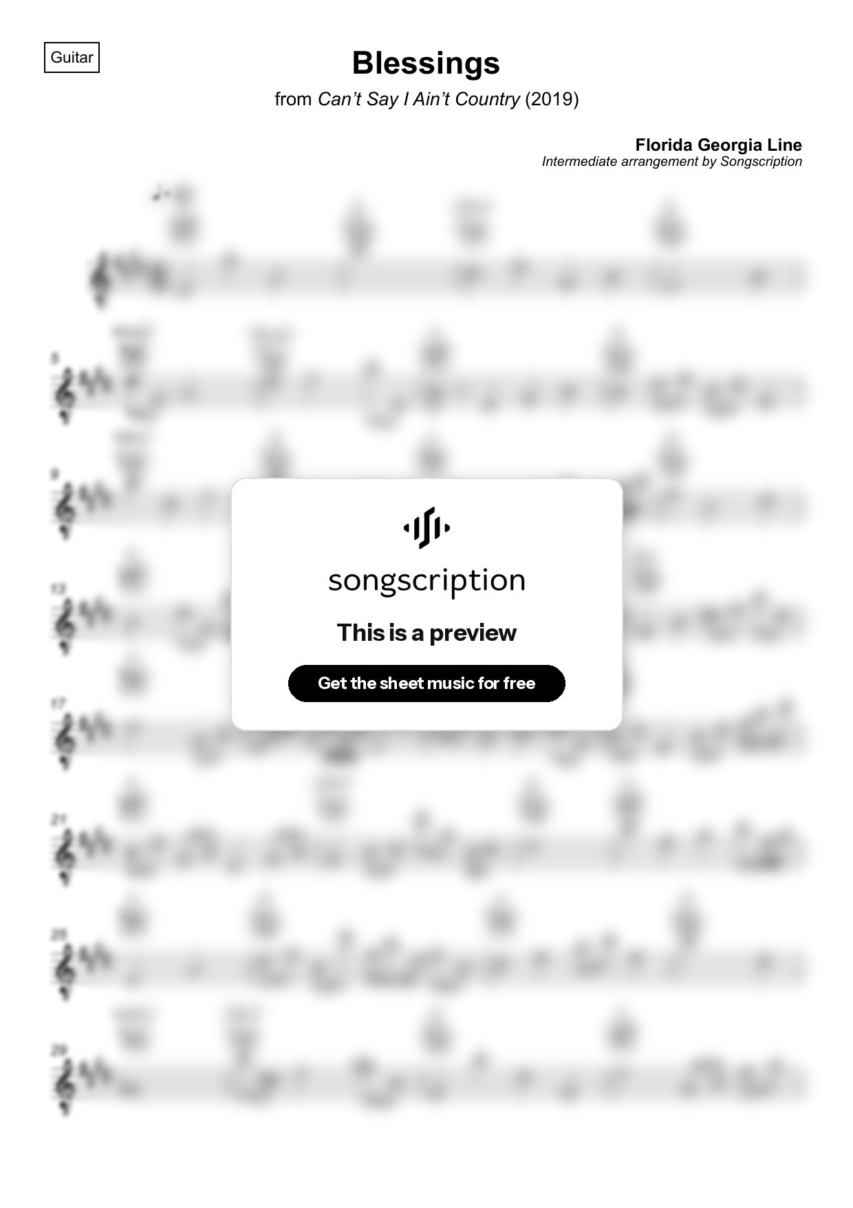 Intermediate Acoustic Guitar Sheet Music for "Blessings" by Florida Georgia Line