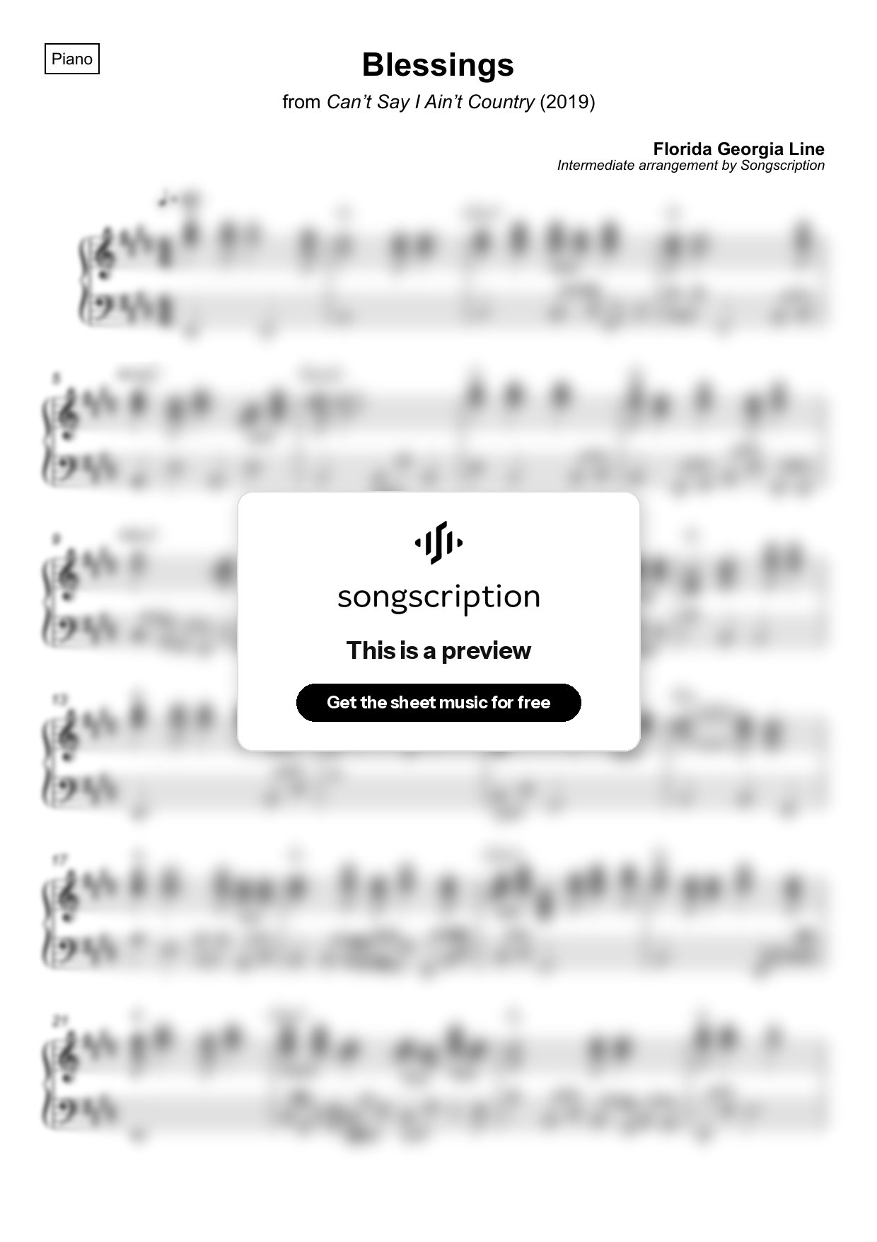 Intermediate Piano Sheet Music for "Blessings" by Florida Georgia Line