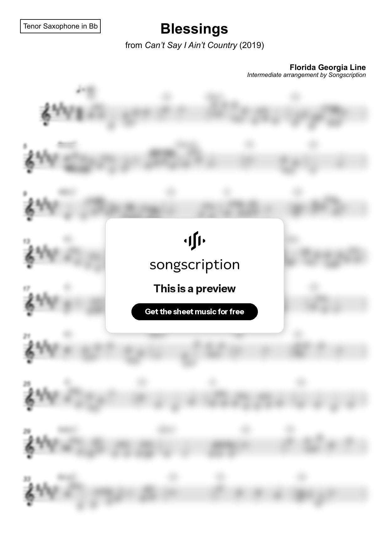 Intermediate Tenor Sax Sheet Music for "Blessings" by Florida Georgia Line