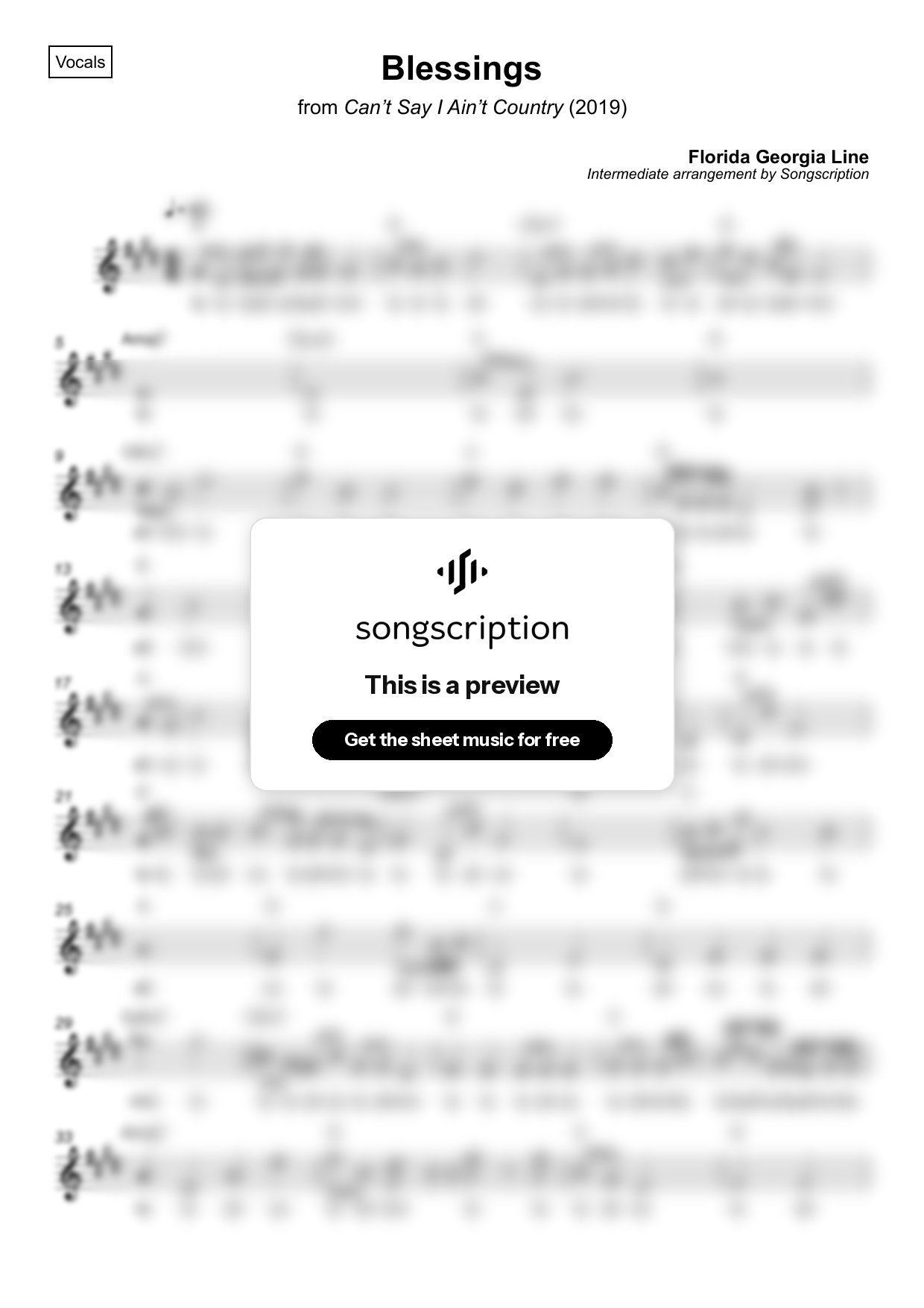 Intermediate Vocals Sheet Music for "Blessings" by Florida Georgia Line