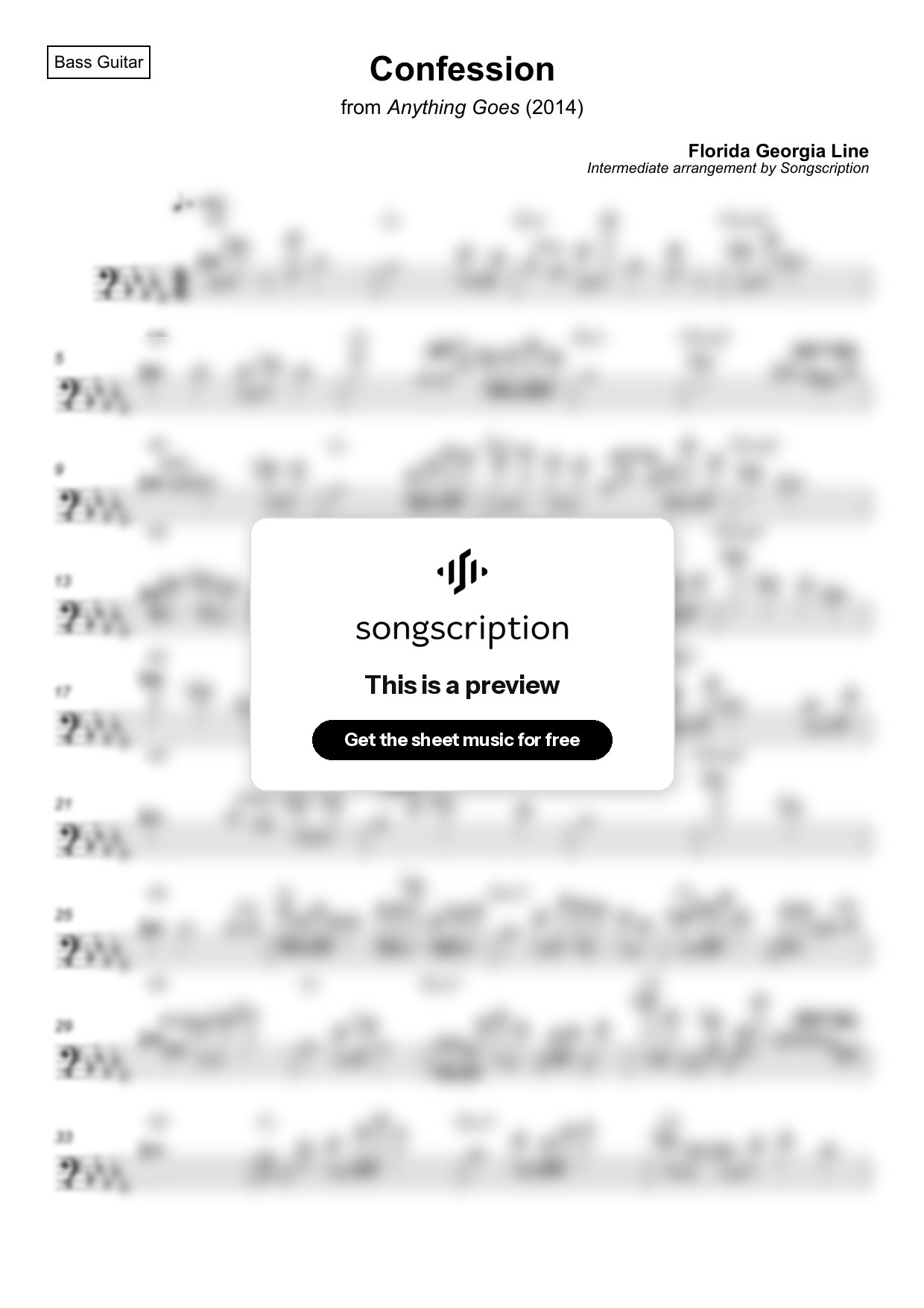 Intermediate Bass Guitar Sheet Music for "Confession" by Florida Georgia Line