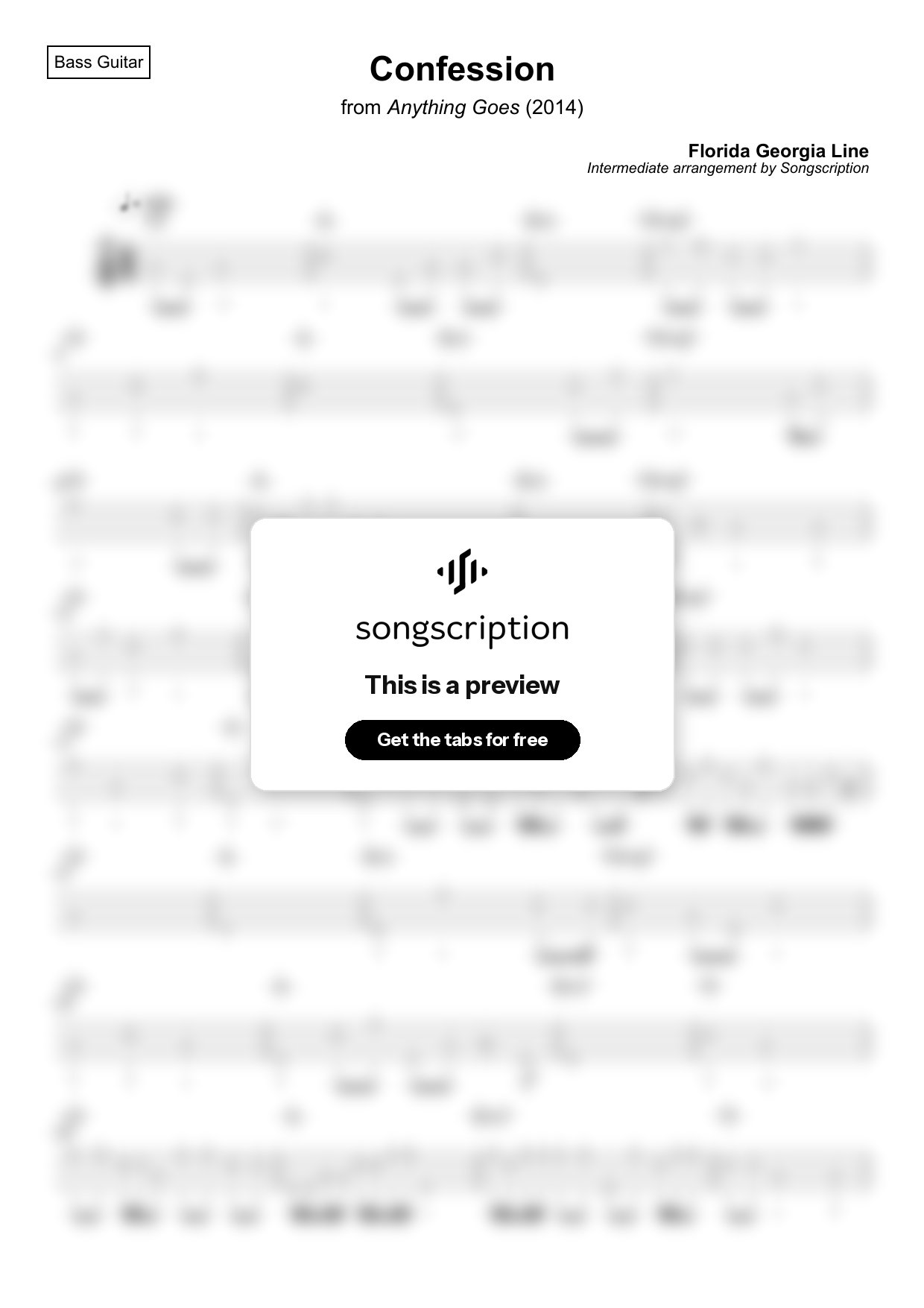 Intermediate Bass Guitar Tabs for "Confession" by Florida Georgia Line