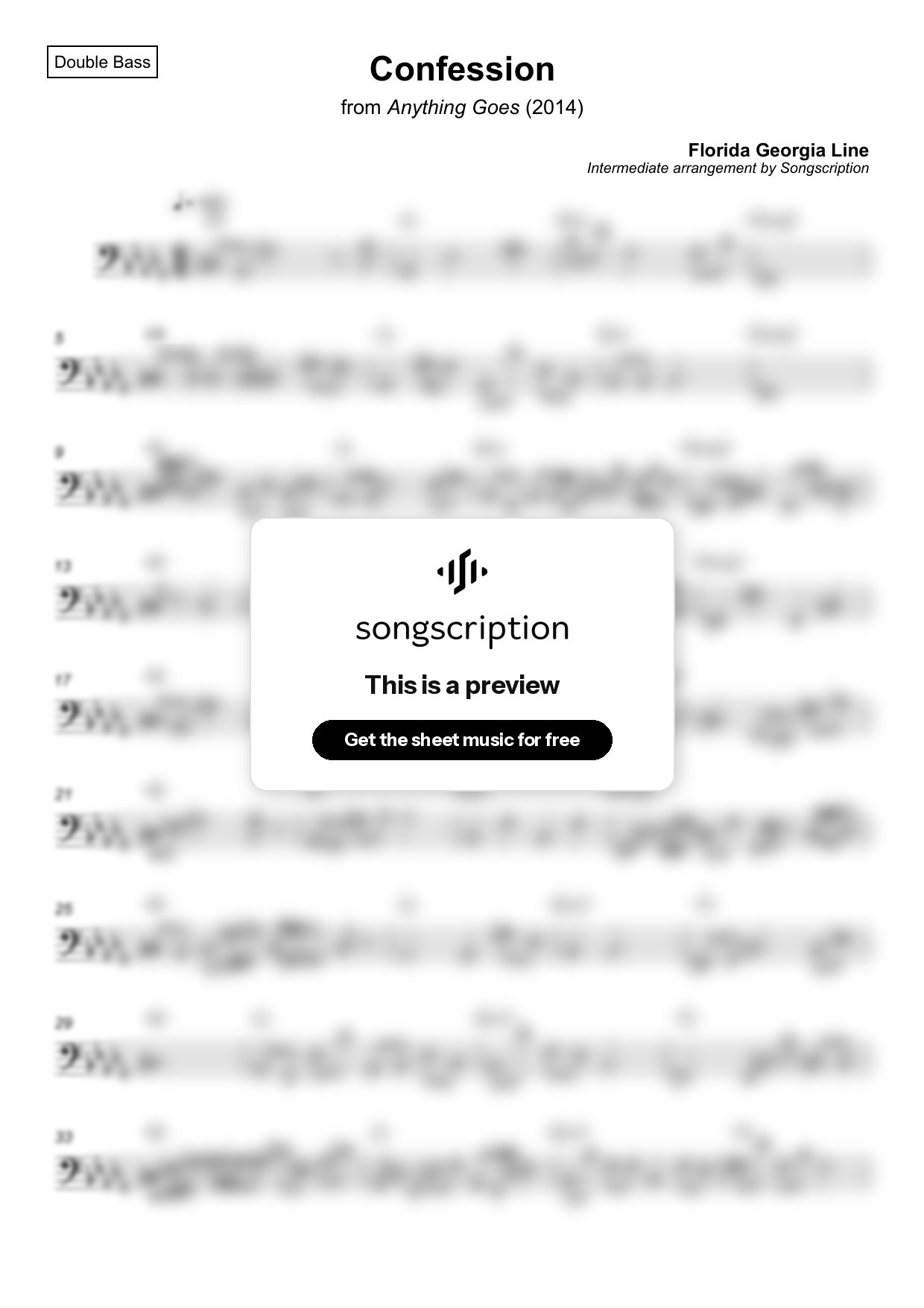 Intermediate Double Bass Sheet Music for "Confession" by Florida Georgia Line