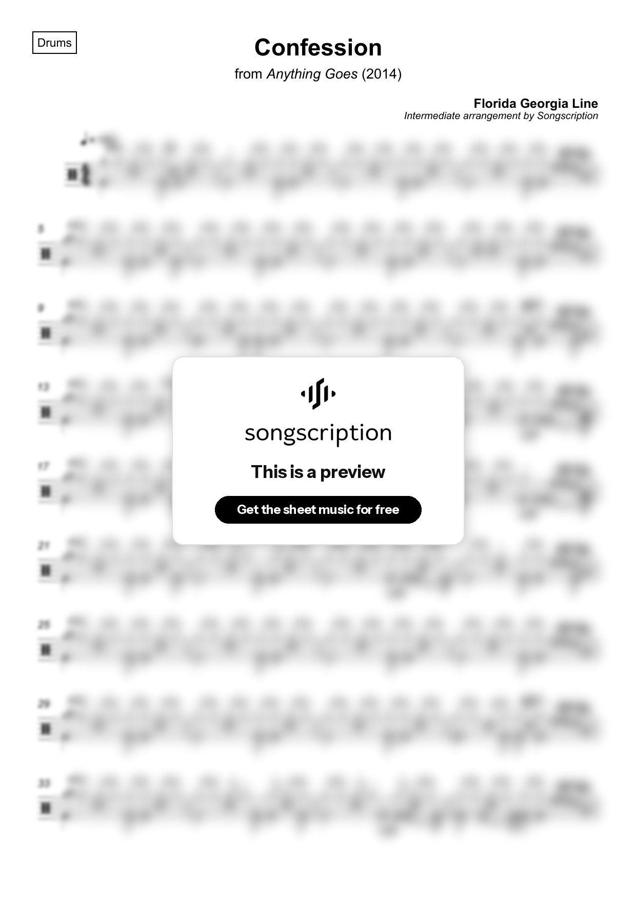 Intermediate Drums Sheet Music for "Confession" by Florida Georgia Line