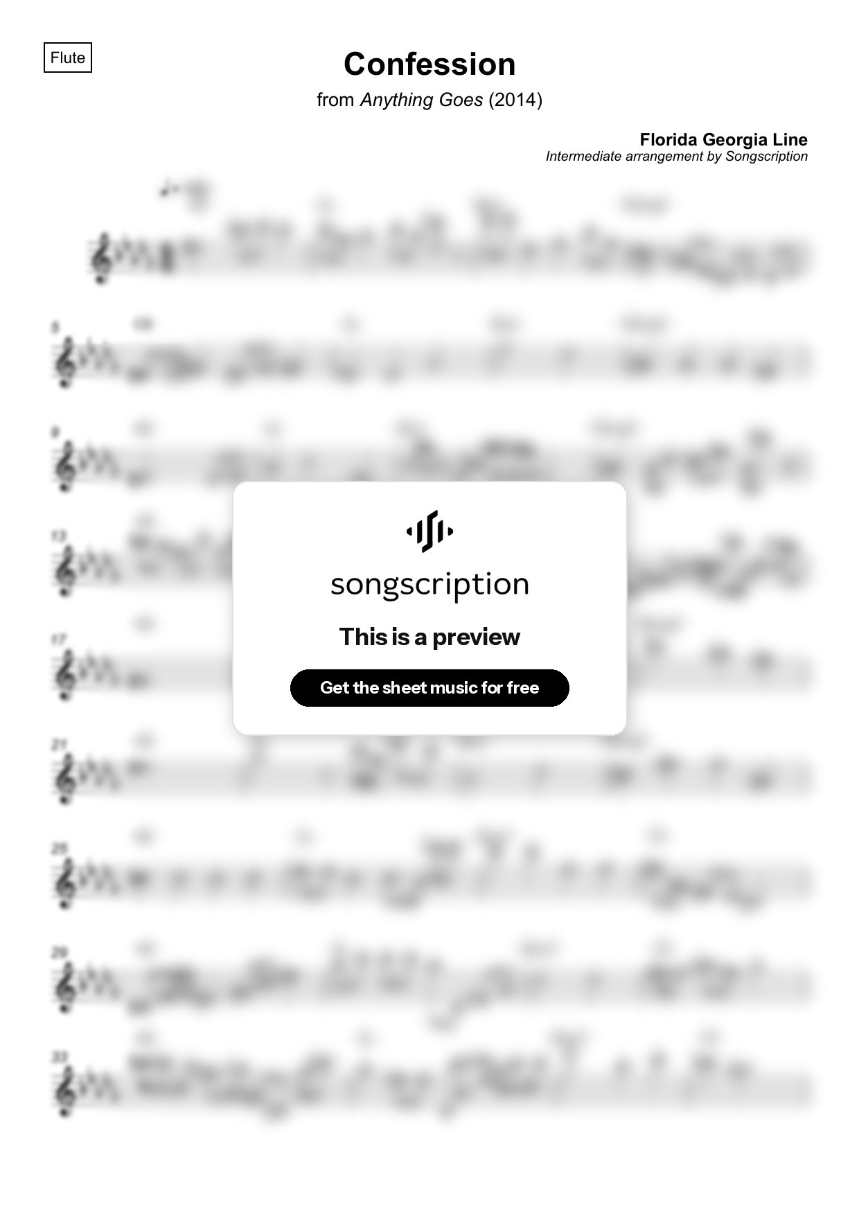 Intermediate Flute Sheet Music for "Confession" by Florida Georgia Line