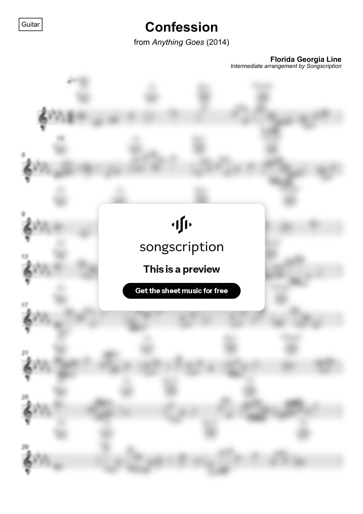 Intermediate Acoustic Guitar Sheet Music for "Confession" by Florida Georgia Line