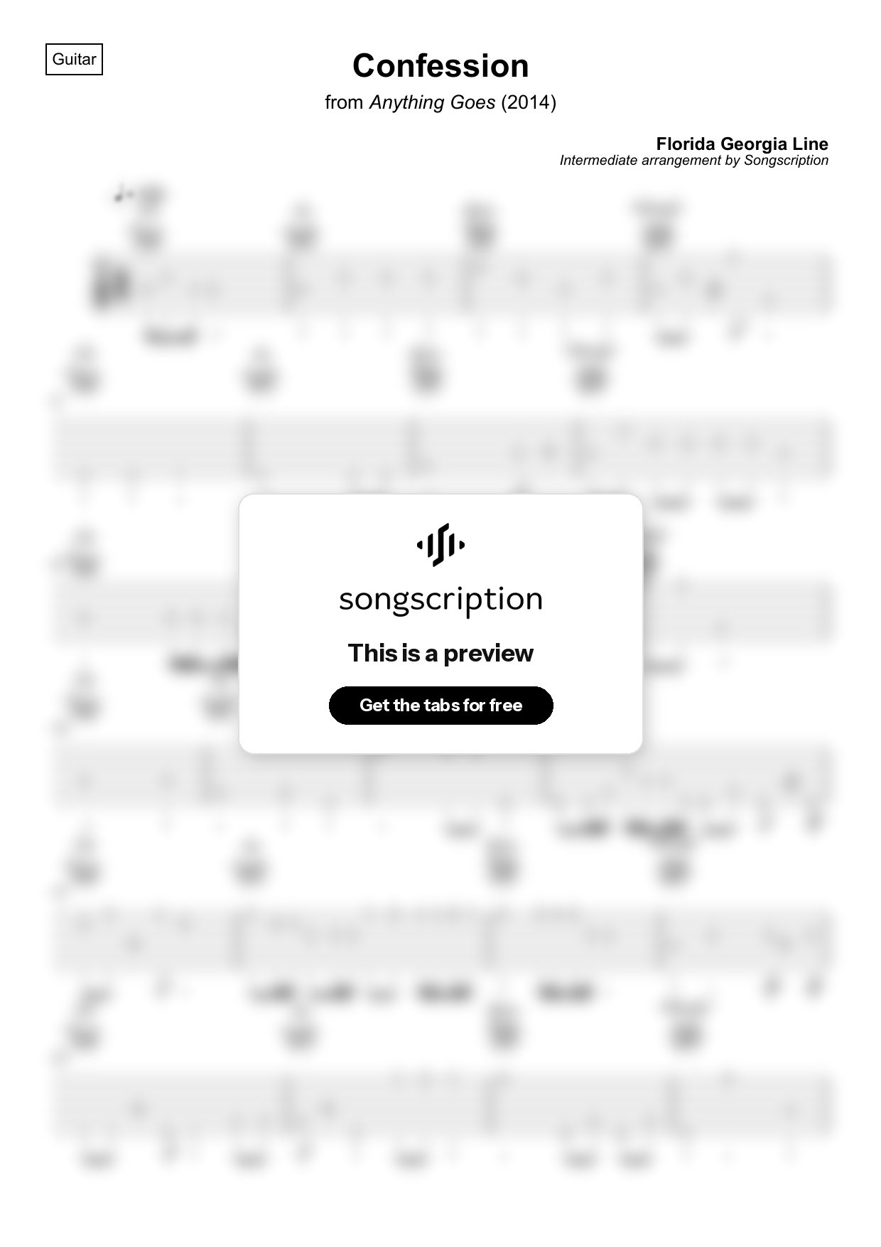 Intermediate Acoustic Guitar Tabs for "Confession" by Florida Georgia Line