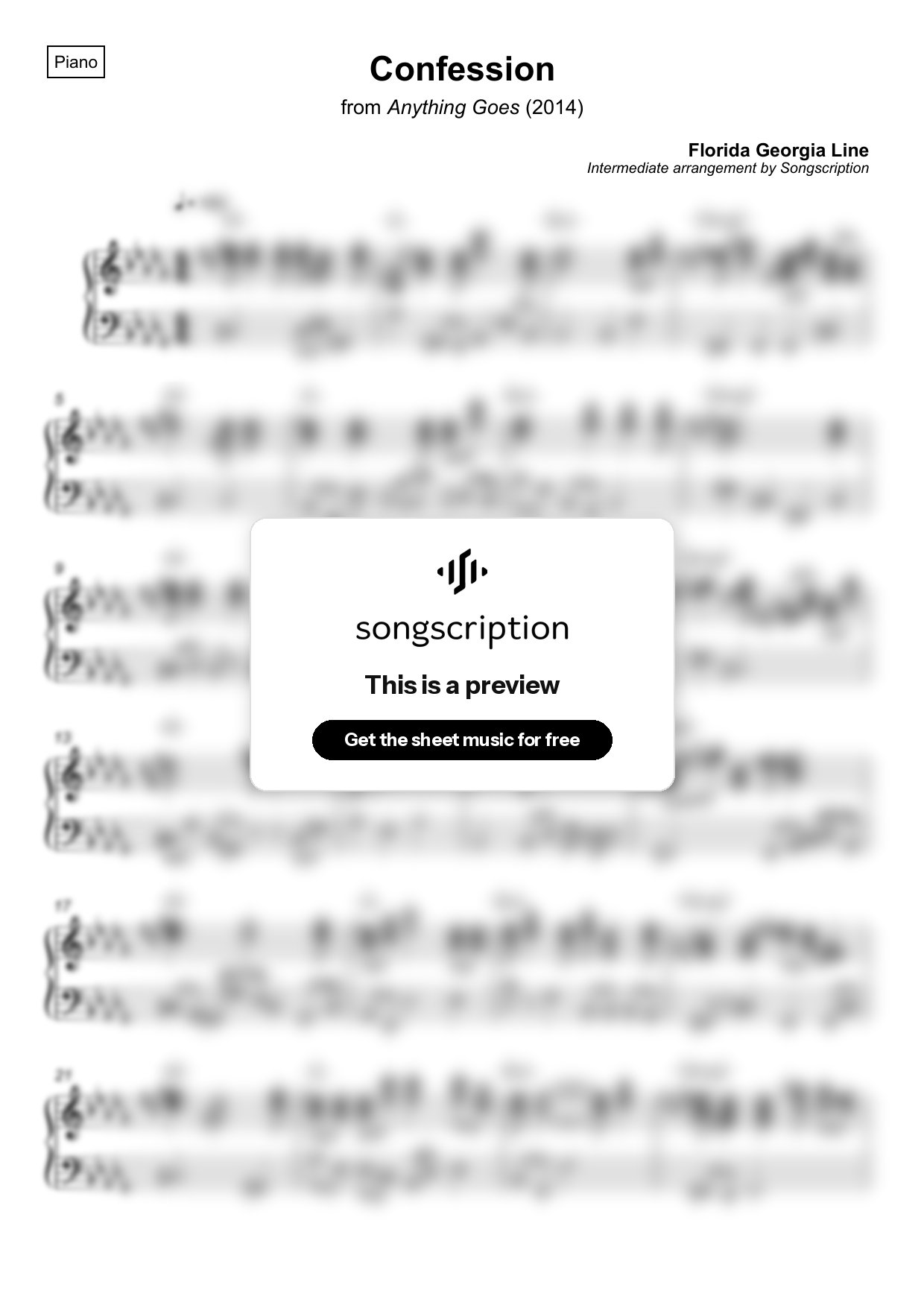 Intermediate Piano Sheet Music for "Confession" by Florida Georgia Line