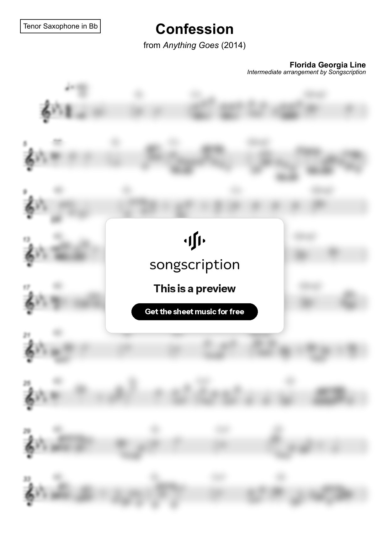 Intermediate Tenor Sax Sheet Music for "Confession" by Florida Georgia Line
