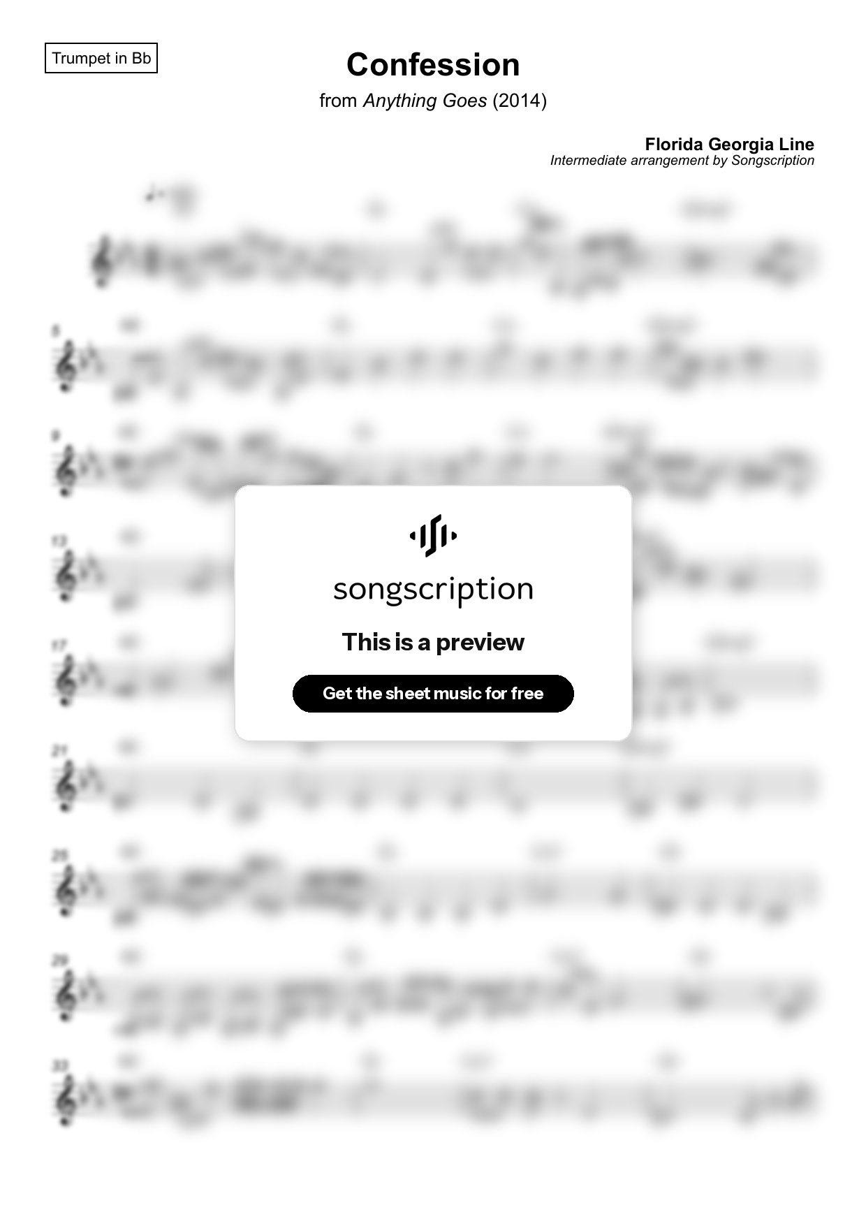 Intermediate Trumpet Sheet Music for "Confession" by Florida Georgia Line