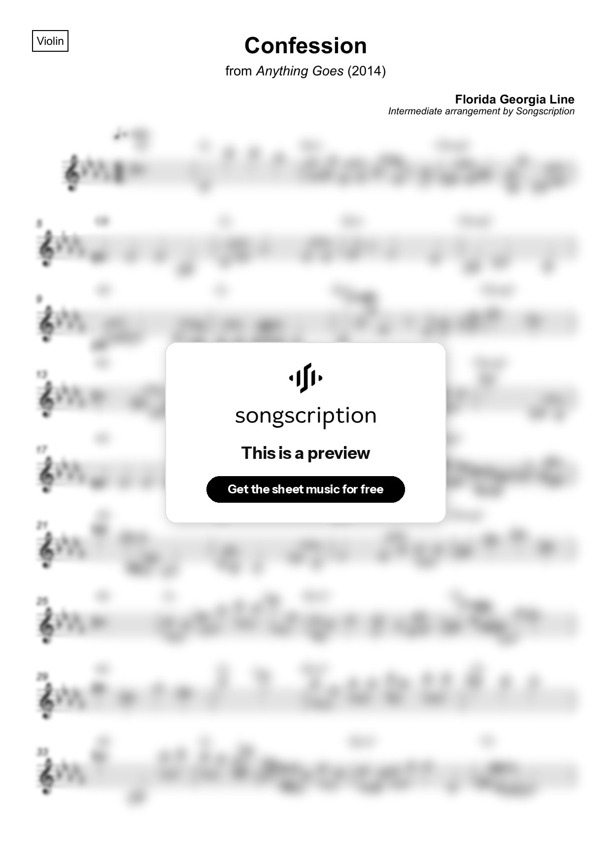 Intermediate Violin Sheet Music for "Confession" by Florida Georgia Line