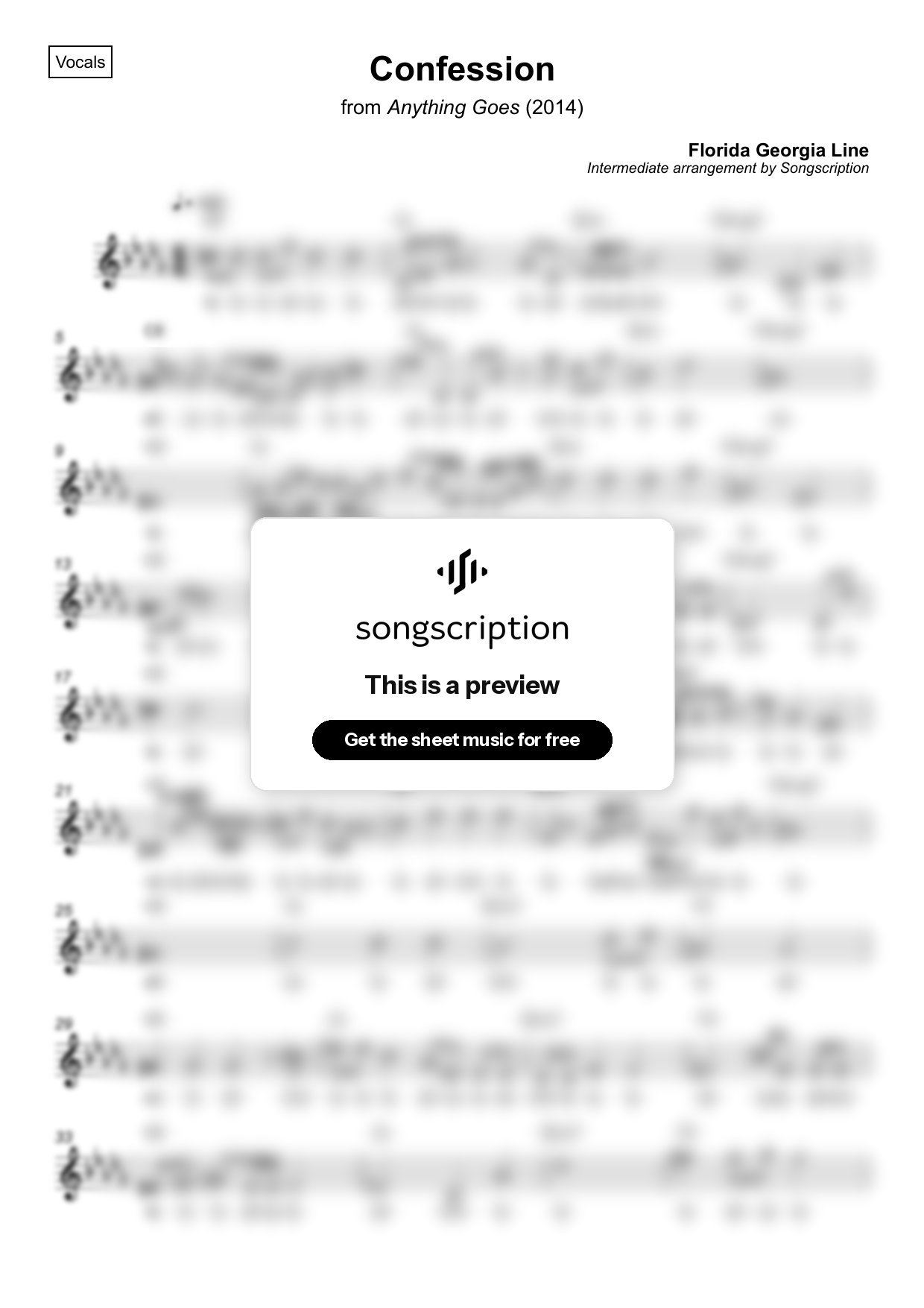Intermediate Vocals Sheet Music for "Confession" by Florida Georgia Line