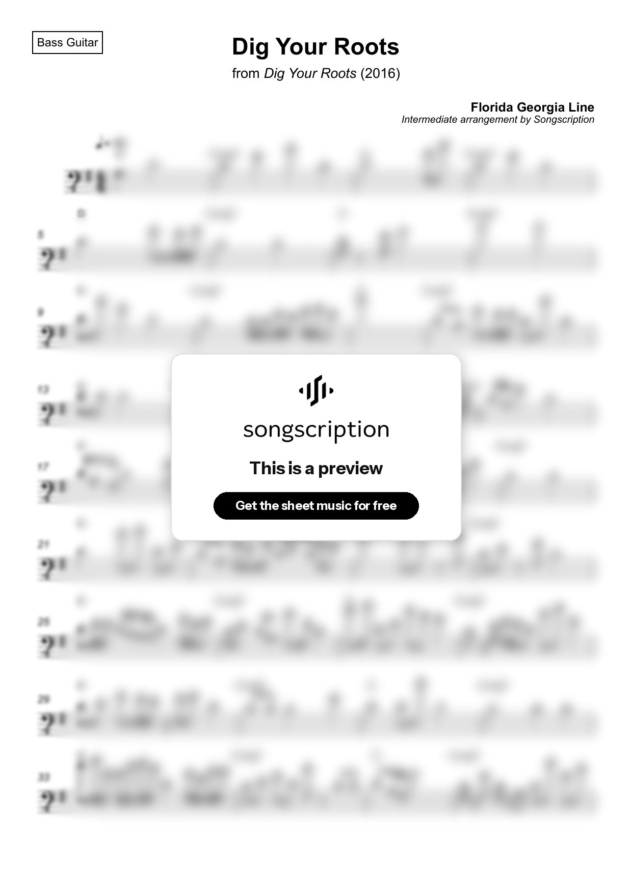 Intermediate Bass Guitar Sheet Music for "Dig Your Roots" by Florida Georgia Line