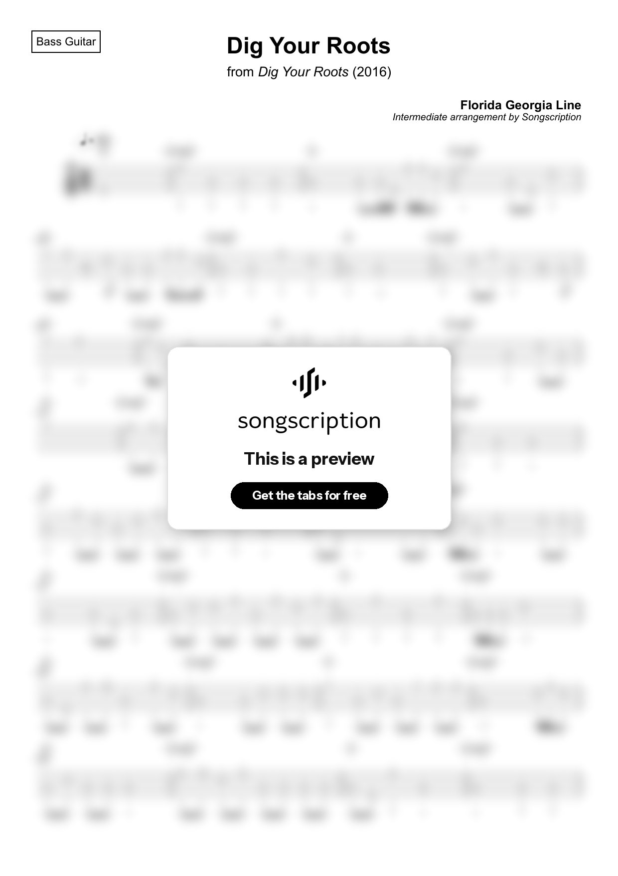 Intermediate Bass Guitar Tabs for "Dig Your Roots" by Florida Georgia Line
