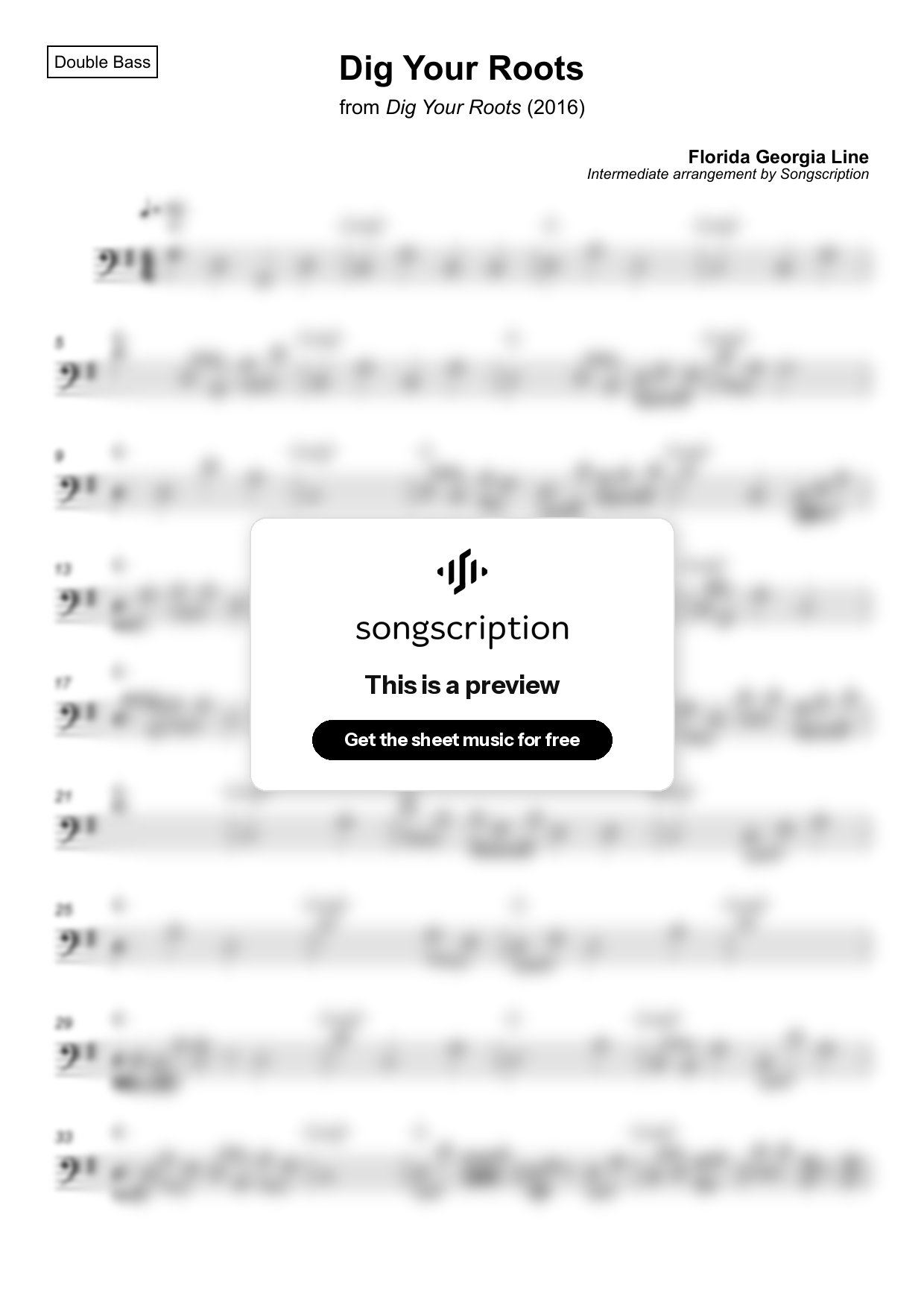 Intermediate Double Bass Sheet Music for "Dig Your Roots" by Florida Georgia Line