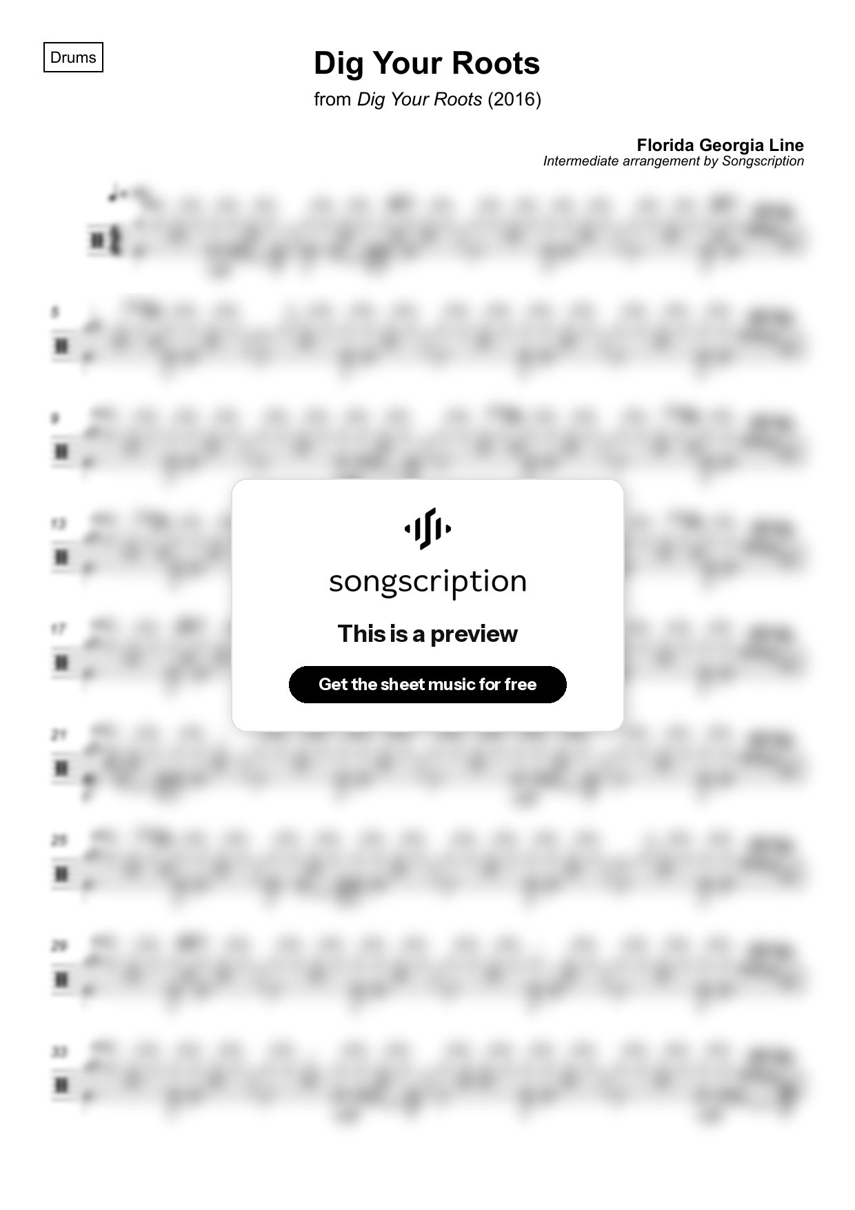 Intermediate Drums Sheet Music for "Dig Your Roots" by Florida Georgia Line