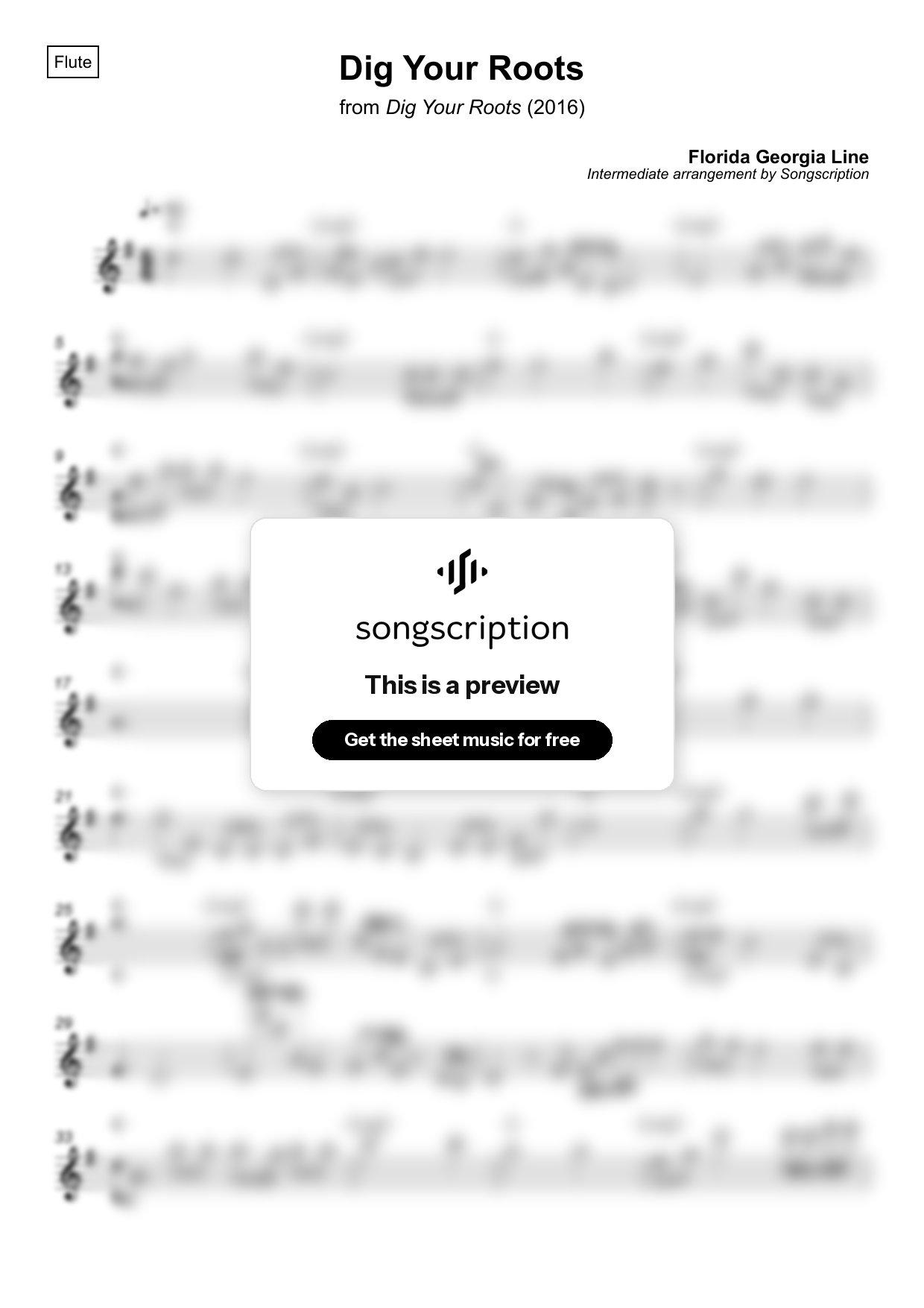 Intermediate Flute Sheet Music for "Dig Your Roots" by Florida Georgia Line