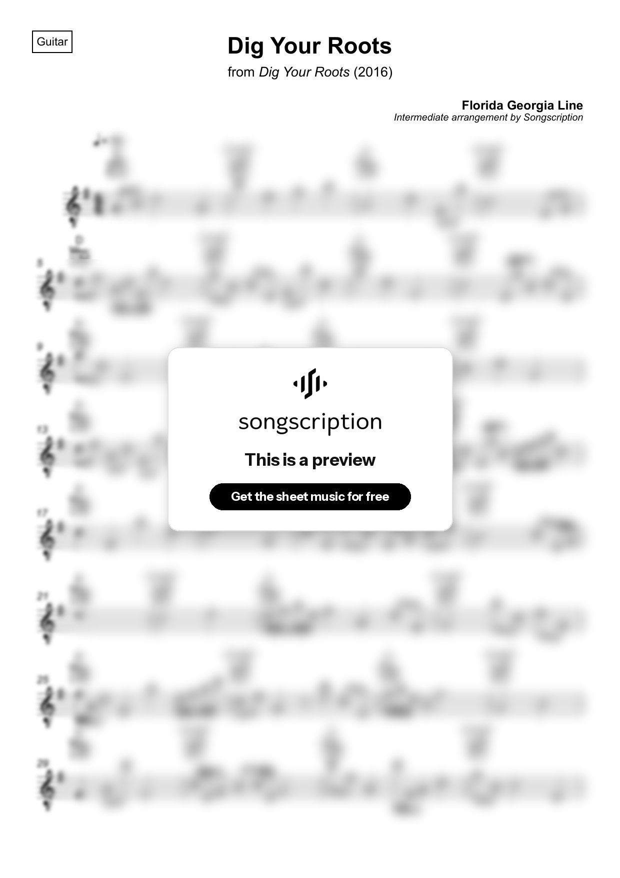 Intermediate Acoustic Guitar Sheet Music for "Dig Your Roots" by Florida Georgia Line