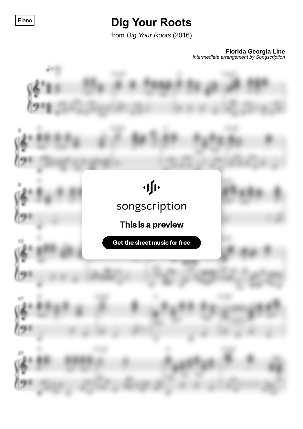 Intermediate Piano Sheet Music for "Dig Your Roots" by Florida Georgia Line