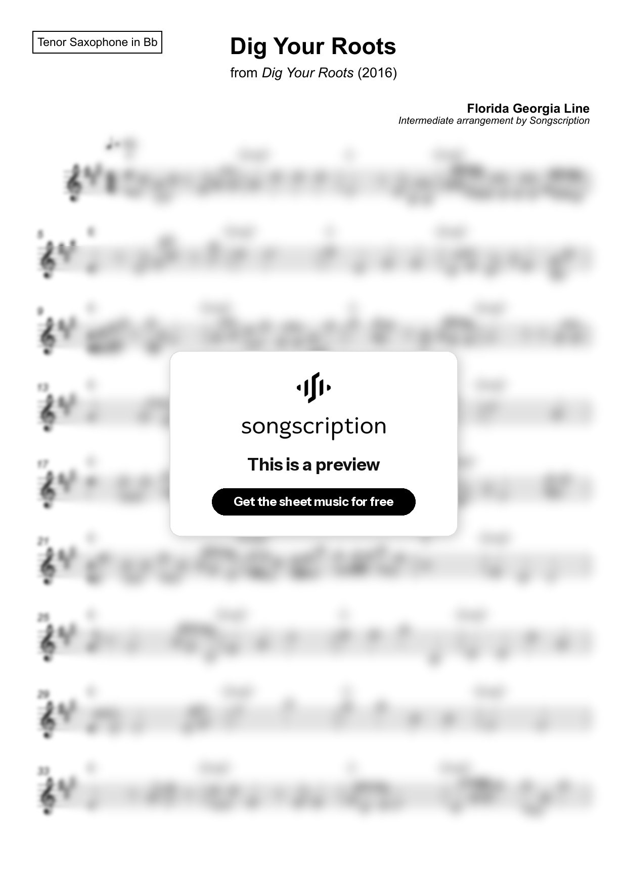 Intermediate Tenor Sax Sheet Music for "Dig Your Roots" by Florida Georgia Line
