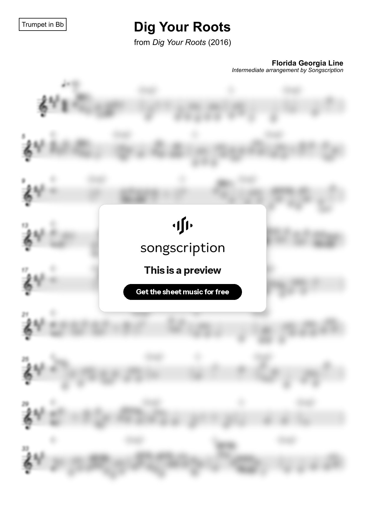 Intermediate Trumpet Sheet Music for "Dig Your Roots" by Florida Georgia Line