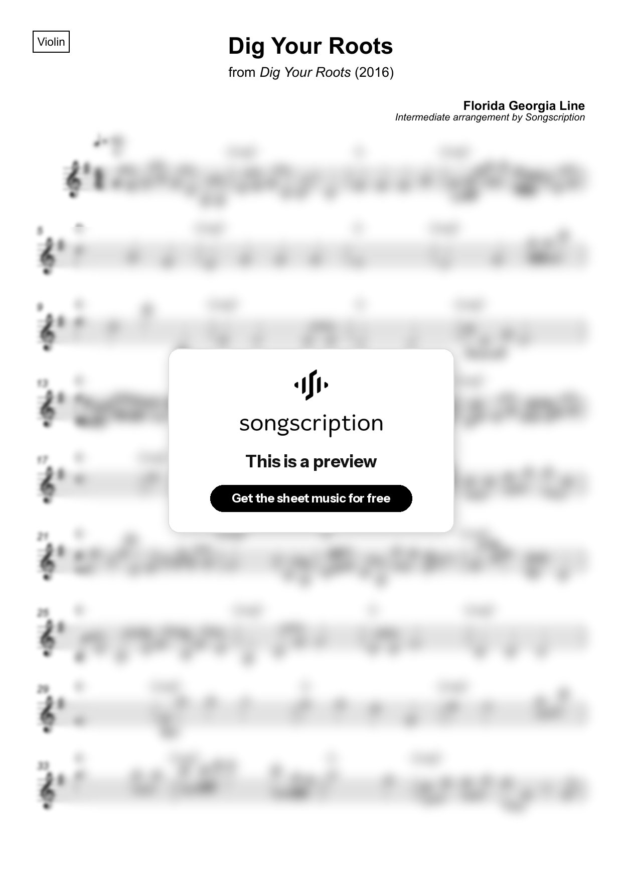 Intermediate Violin Sheet Music for "Dig Your Roots" by Florida Georgia Line