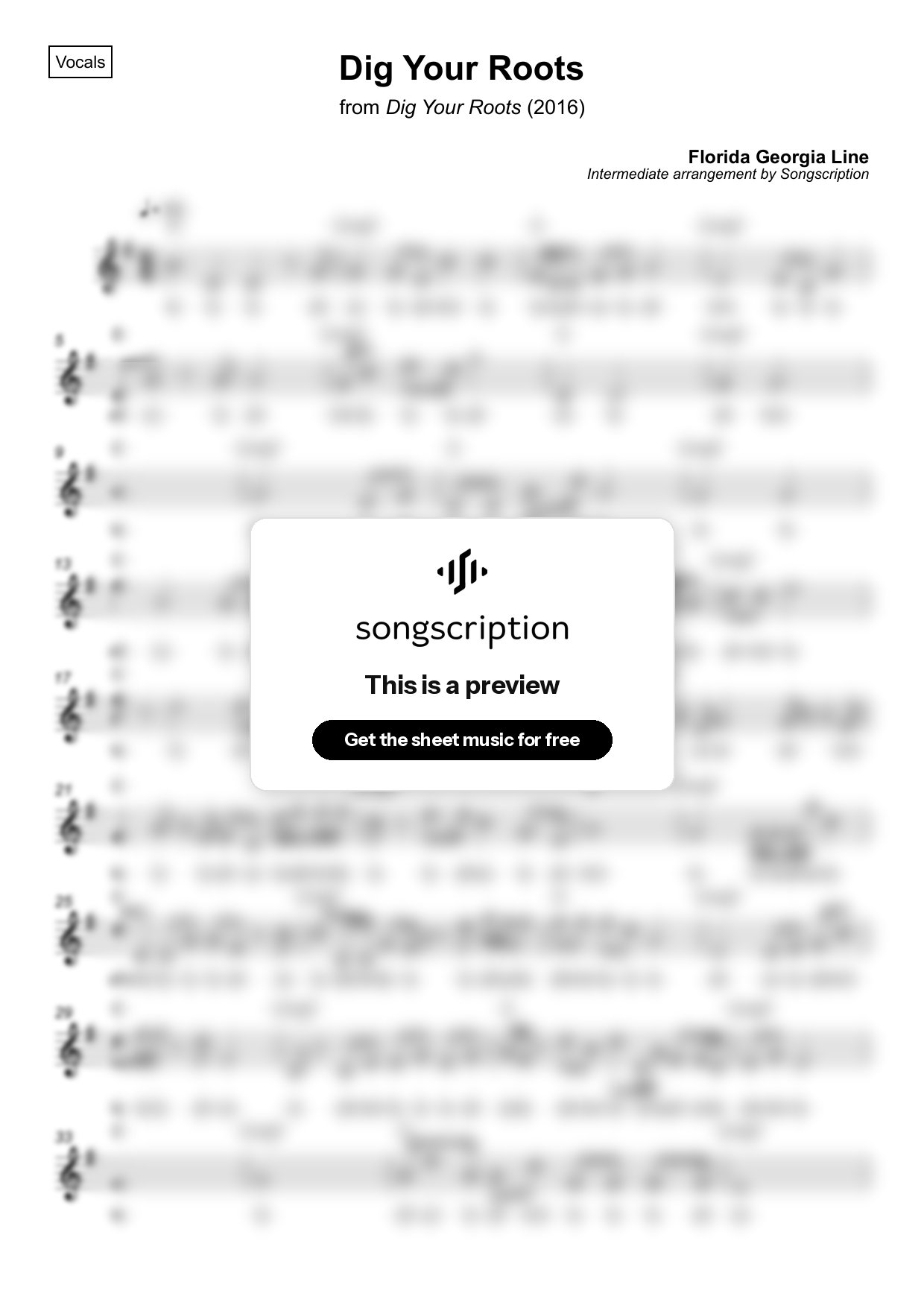 Intermediate Vocals Sheet Music for "Dig Your Roots" by Florida Georgia Line